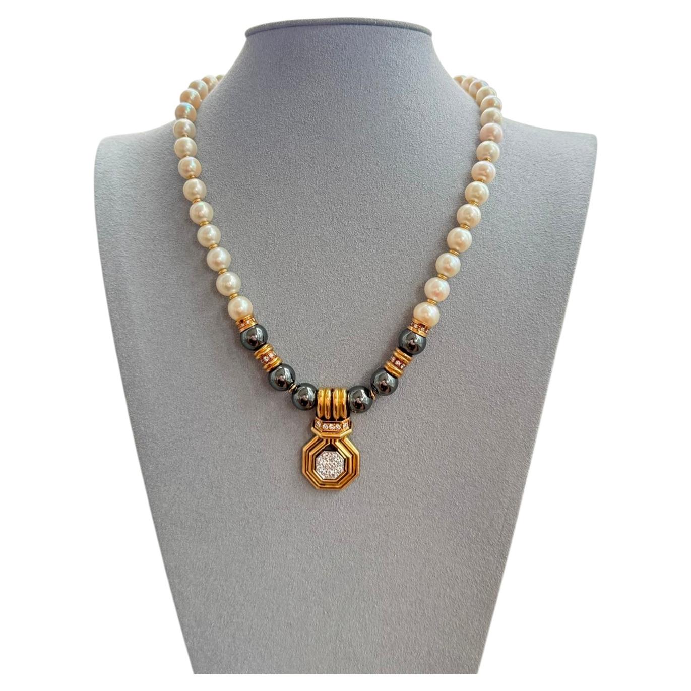 Chaumet Paris 18k Gold Pearl Hematite Beaded Necklace, Circa 1980