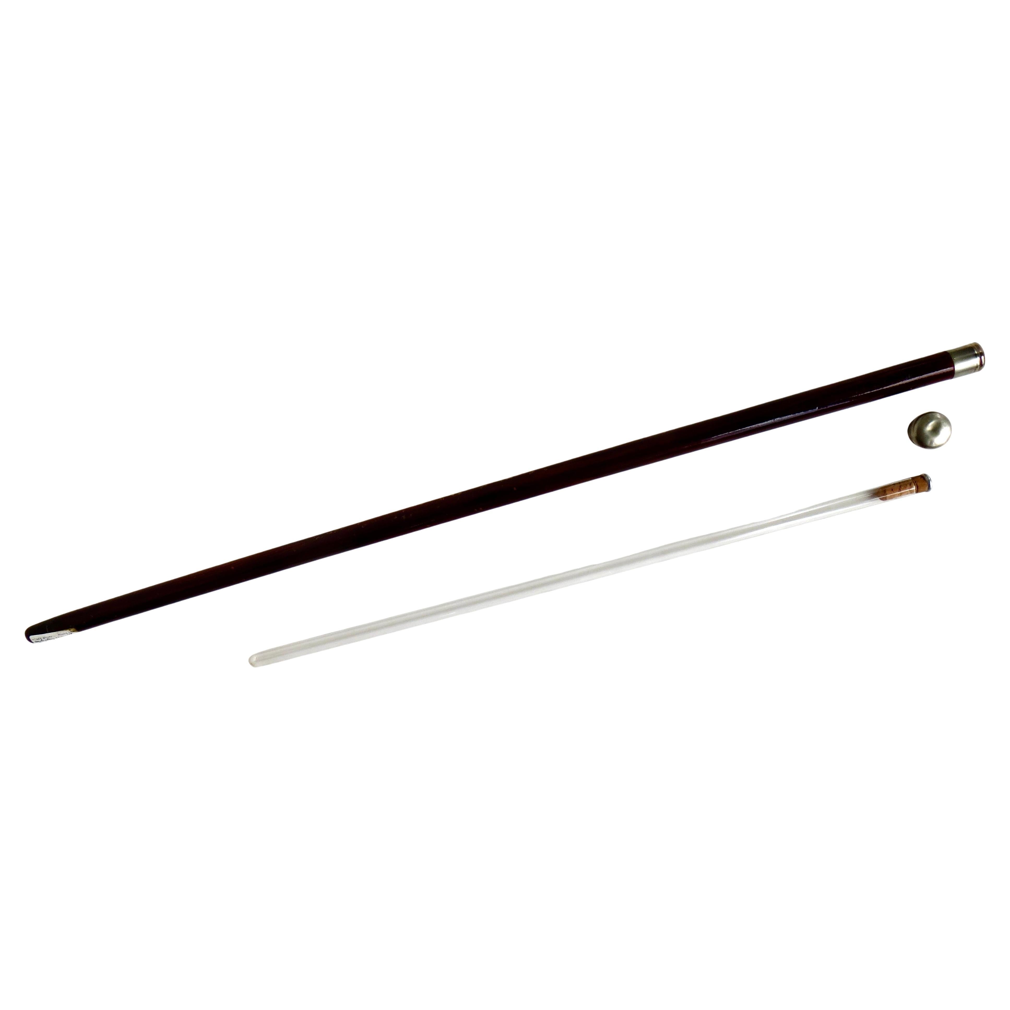 Rare Cherry Wood Cane With Concealed Glass "Flask" Inserted In Shaft. Circa 1875