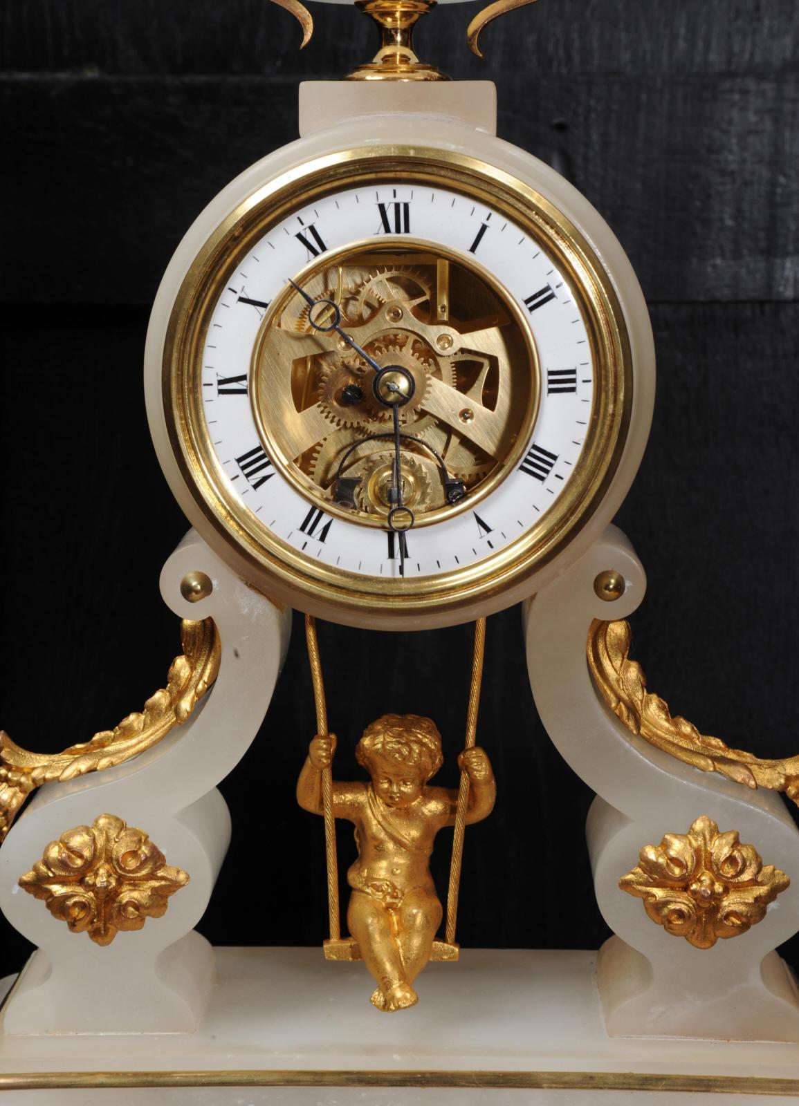 Rare Cherub on a Swing Antique French Boudoir Clock with Visible Escapement 1