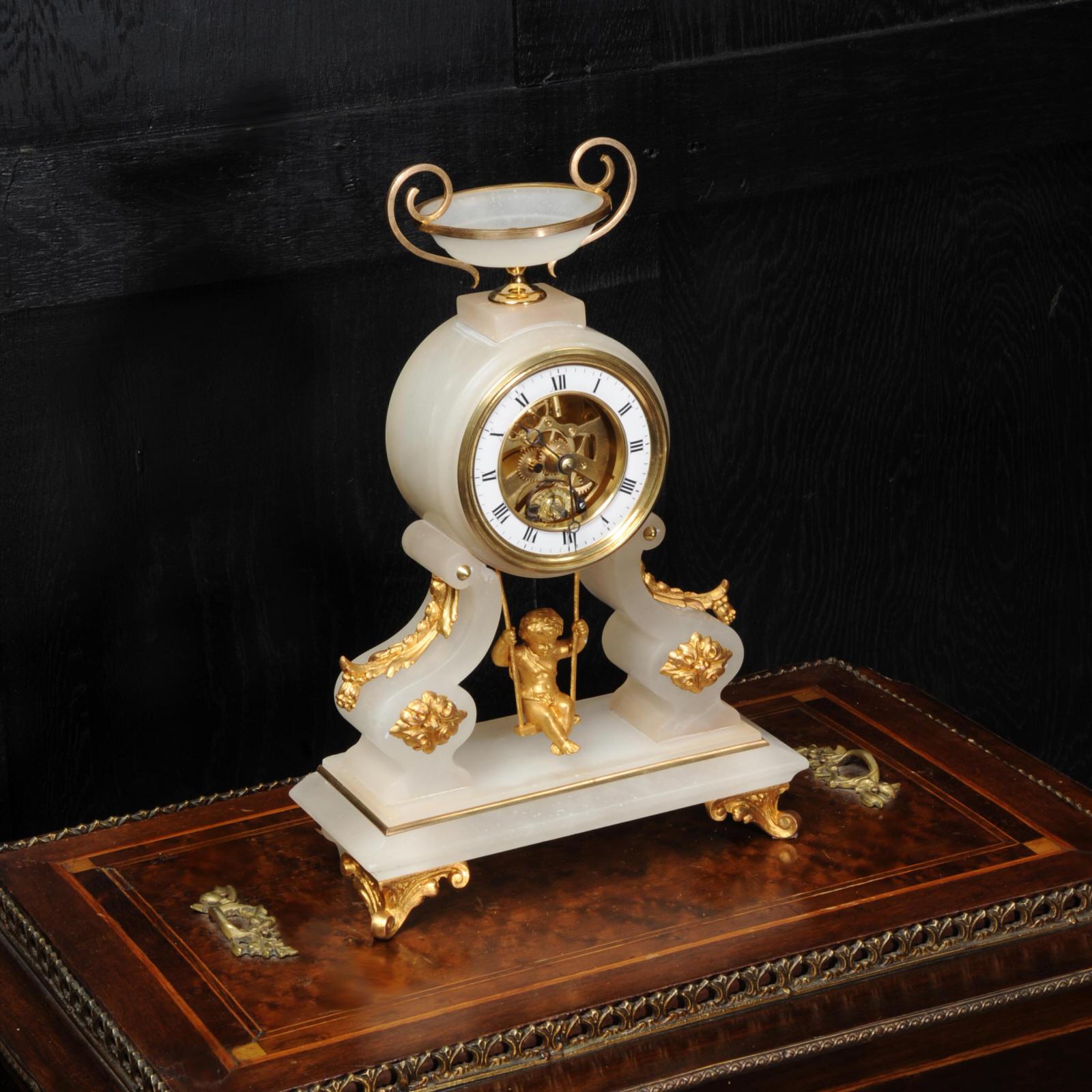 Louis XVI Rare Cherub on a Swing Antique French Boudoir Clock with Visible Escapement