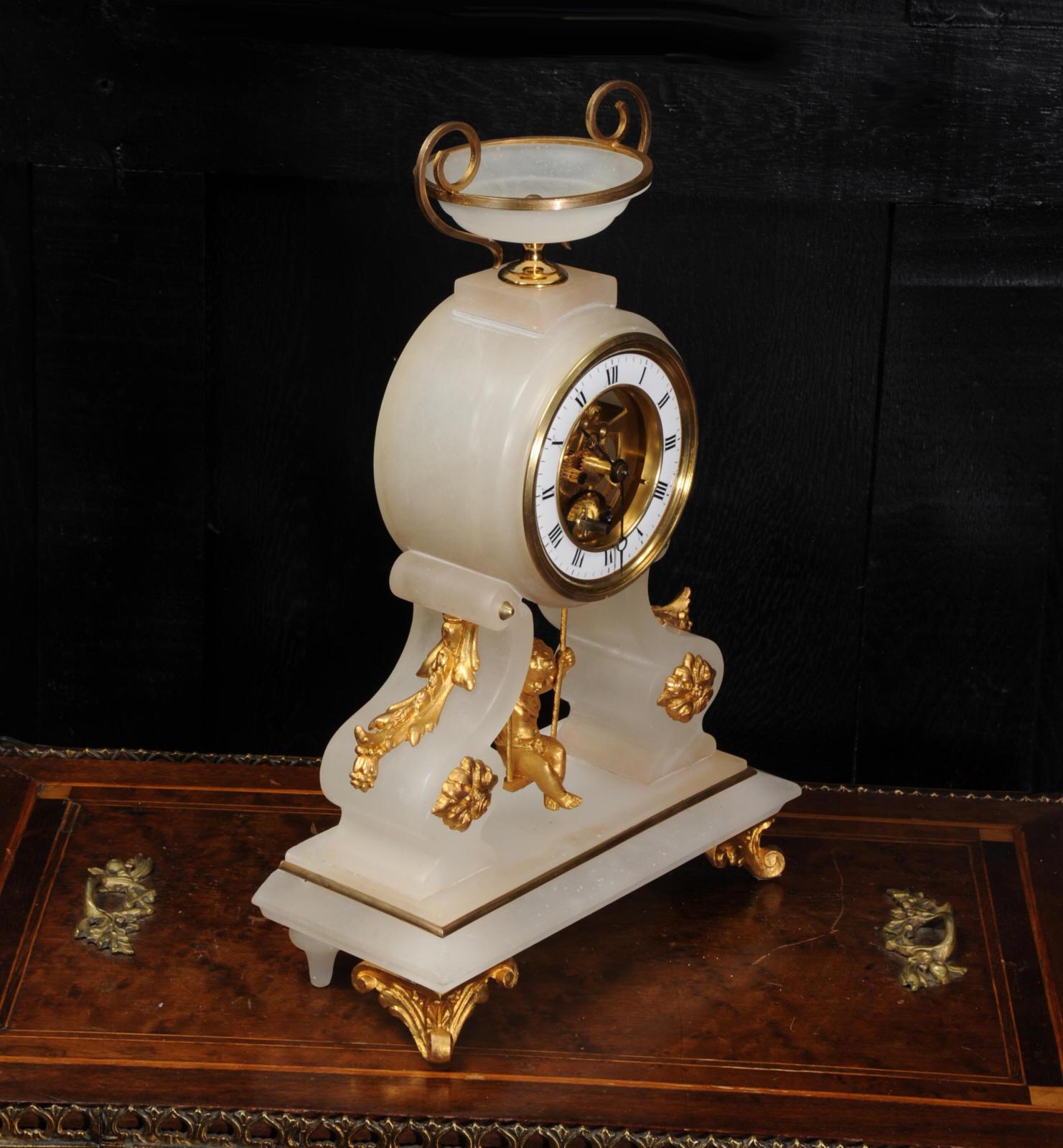 Rare Cherub on a Swing Antique French Boudoir Clock with Visible Escapement In Good Condition In Belper, Derbyshire