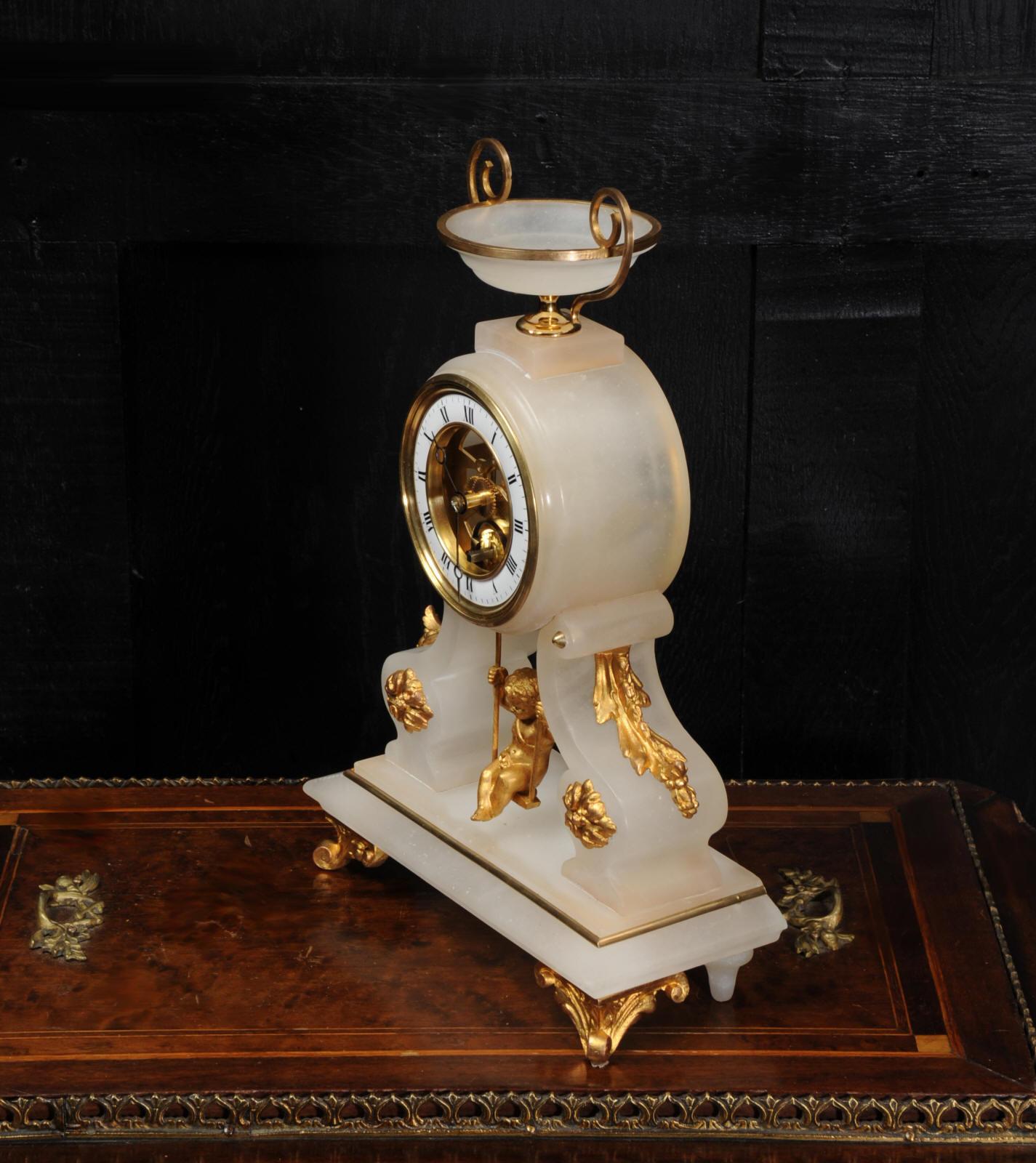 19th Century Rare Cherub on a Swing Antique French Boudoir Clock with Visible Escapement