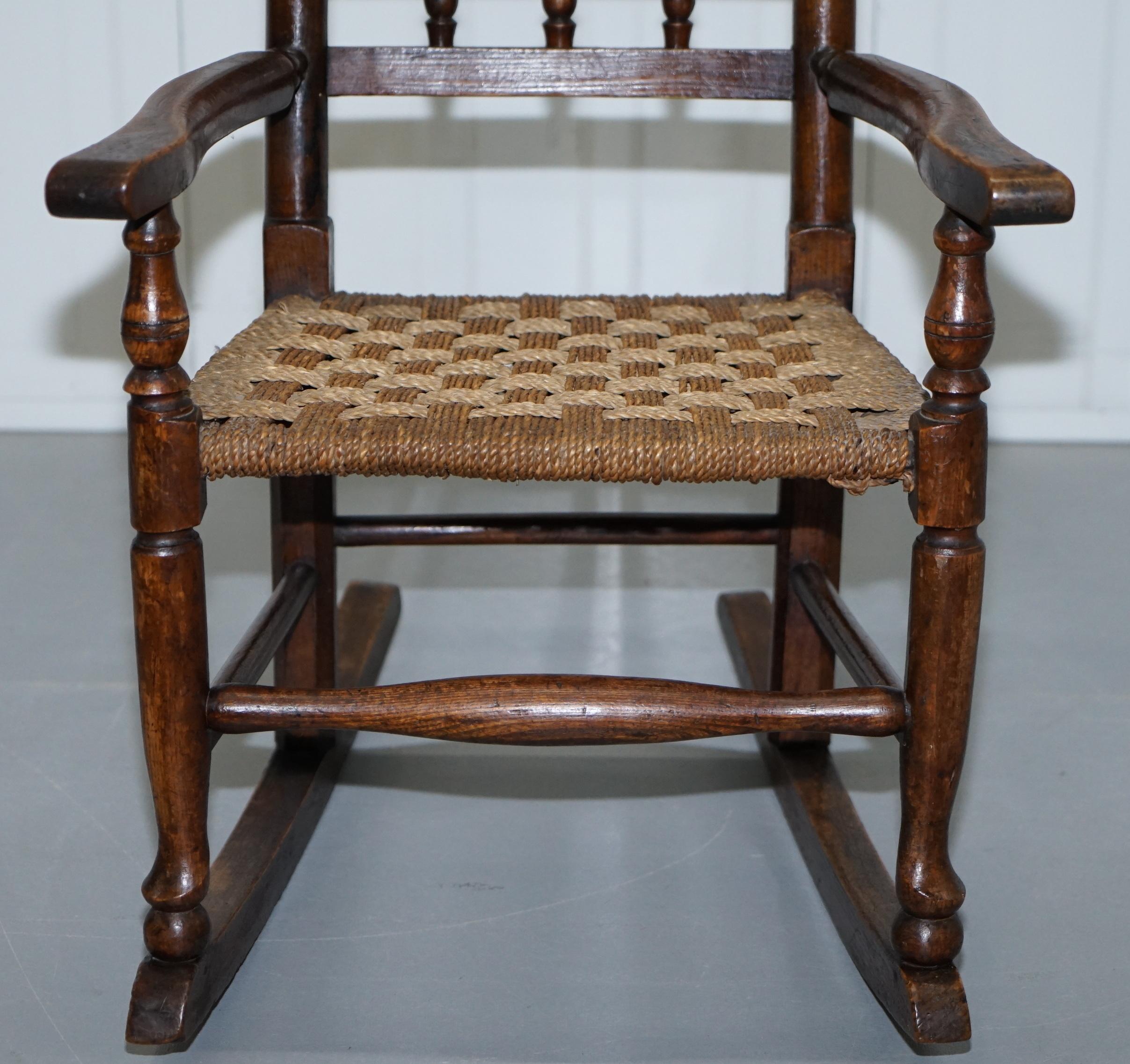 Rare Children's Small Antique Rope Seat Georgian Rocking Chair Solid Elm Display 3