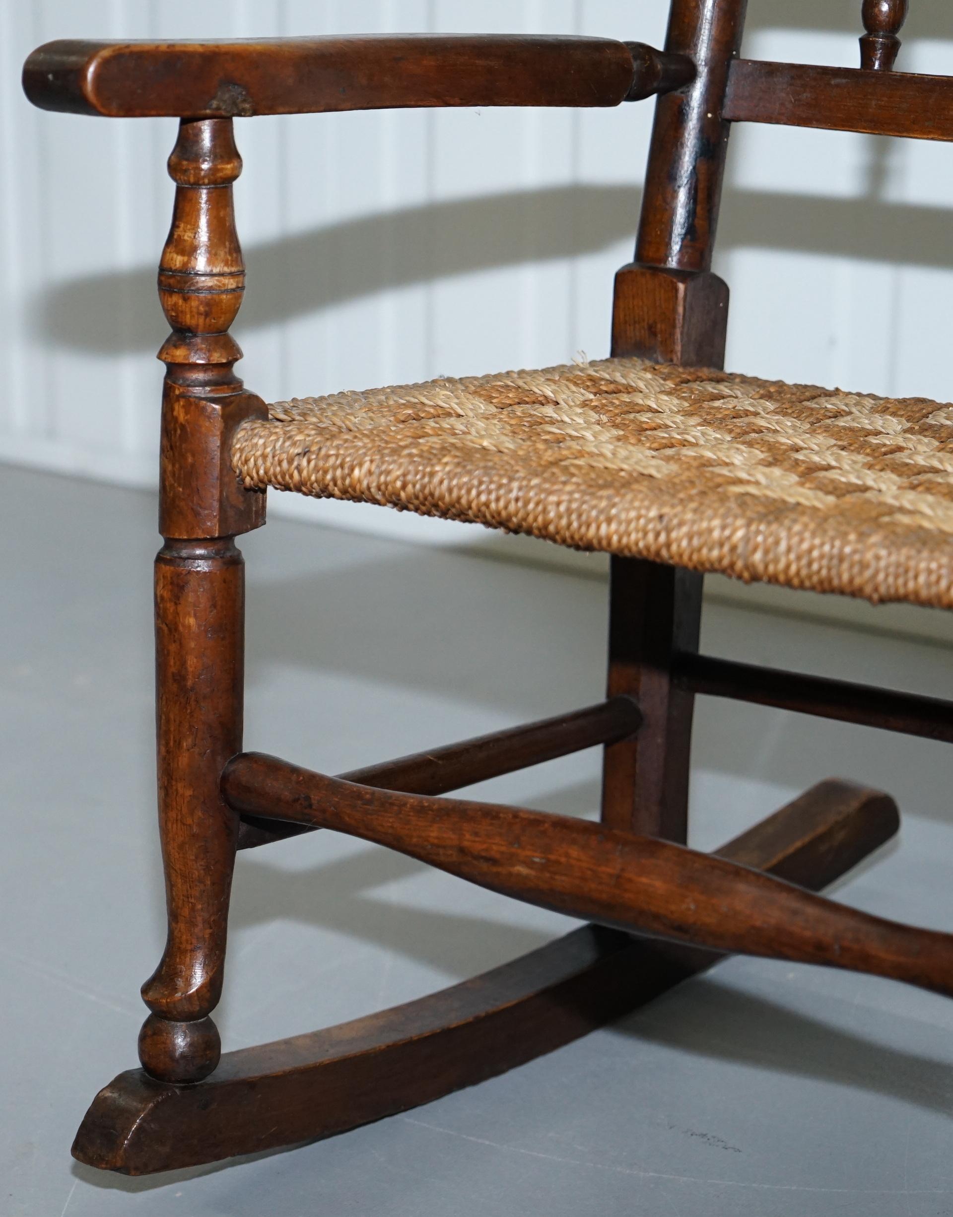 Rare Children's Small Antique Rope Seat Georgian Rocking Chair Solid Elm Display 4