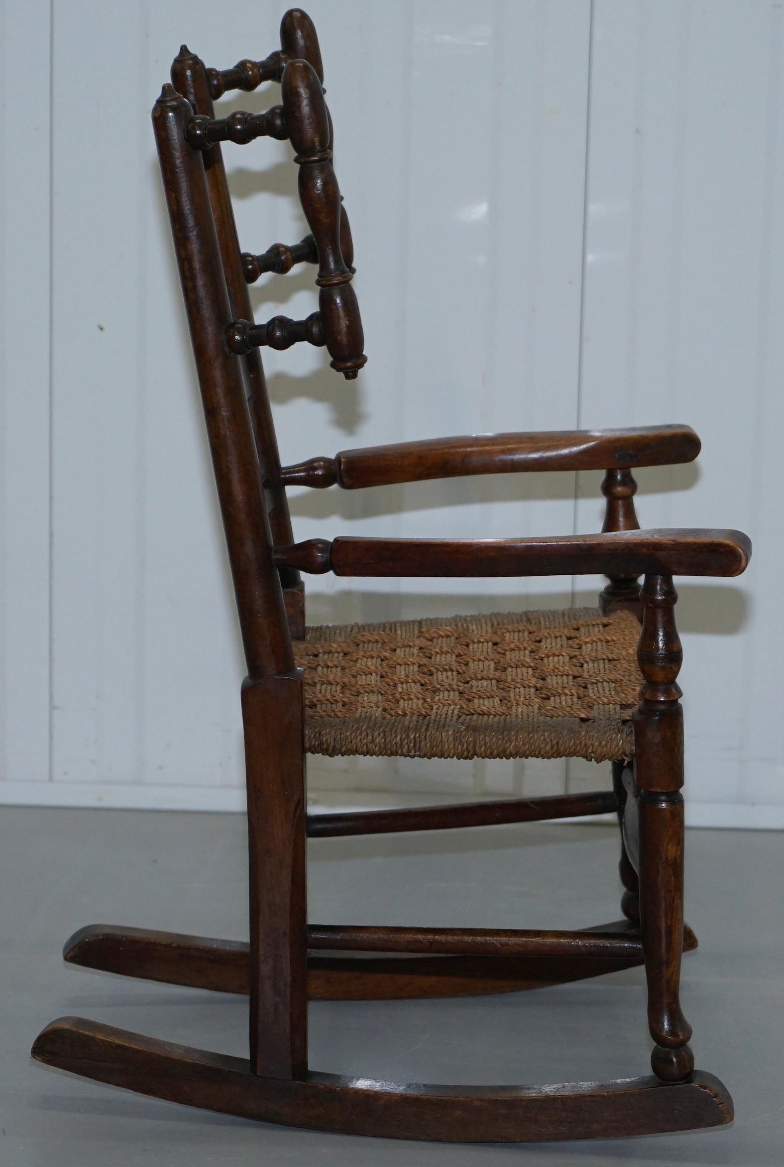 Rare Children's Small Antique Rope Seat Georgian Rocking Chair Solid Elm Display 7