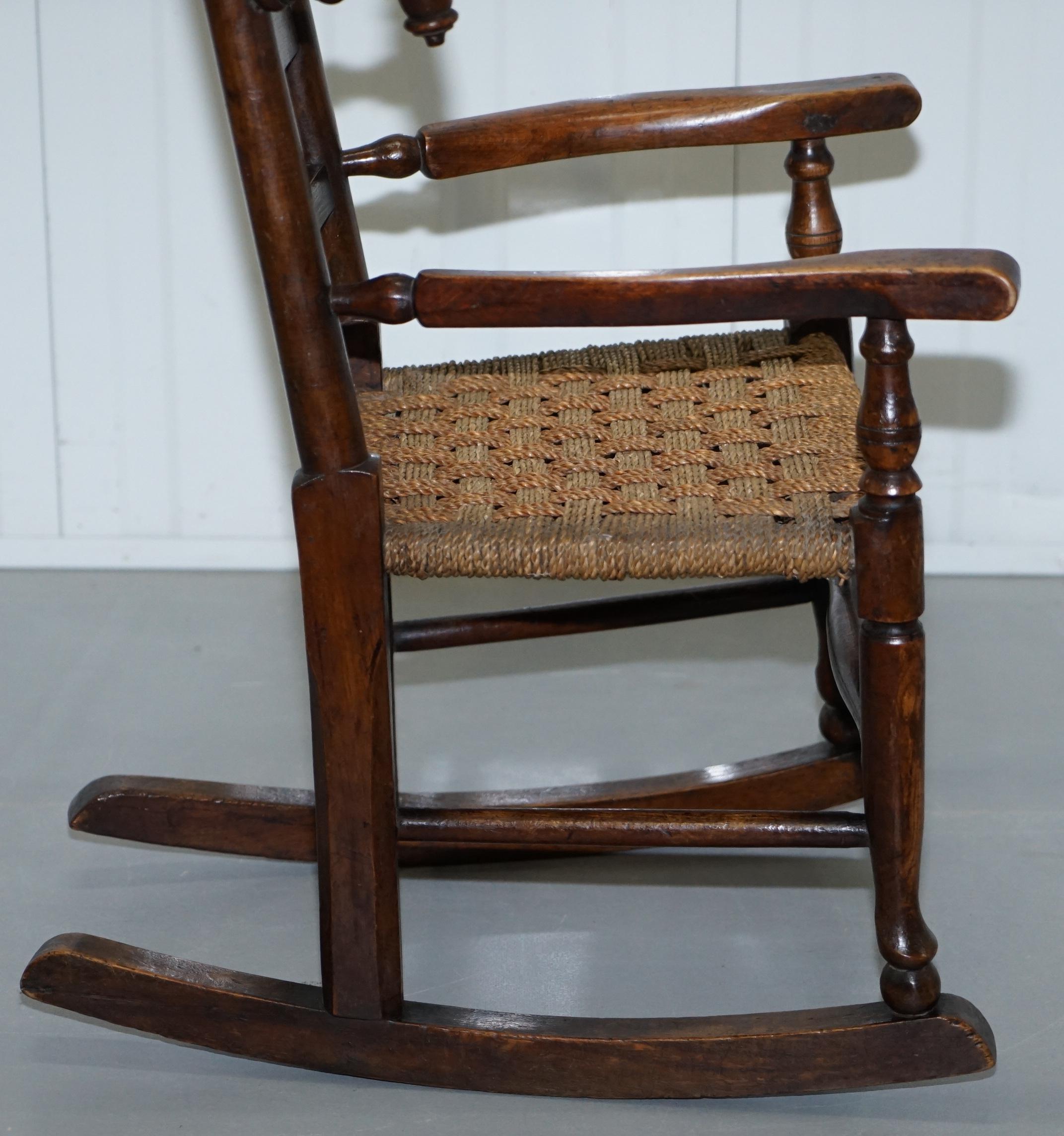 Rare Children's Small Antique Rope Seat Georgian Rocking Chair Solid Elm Display 8