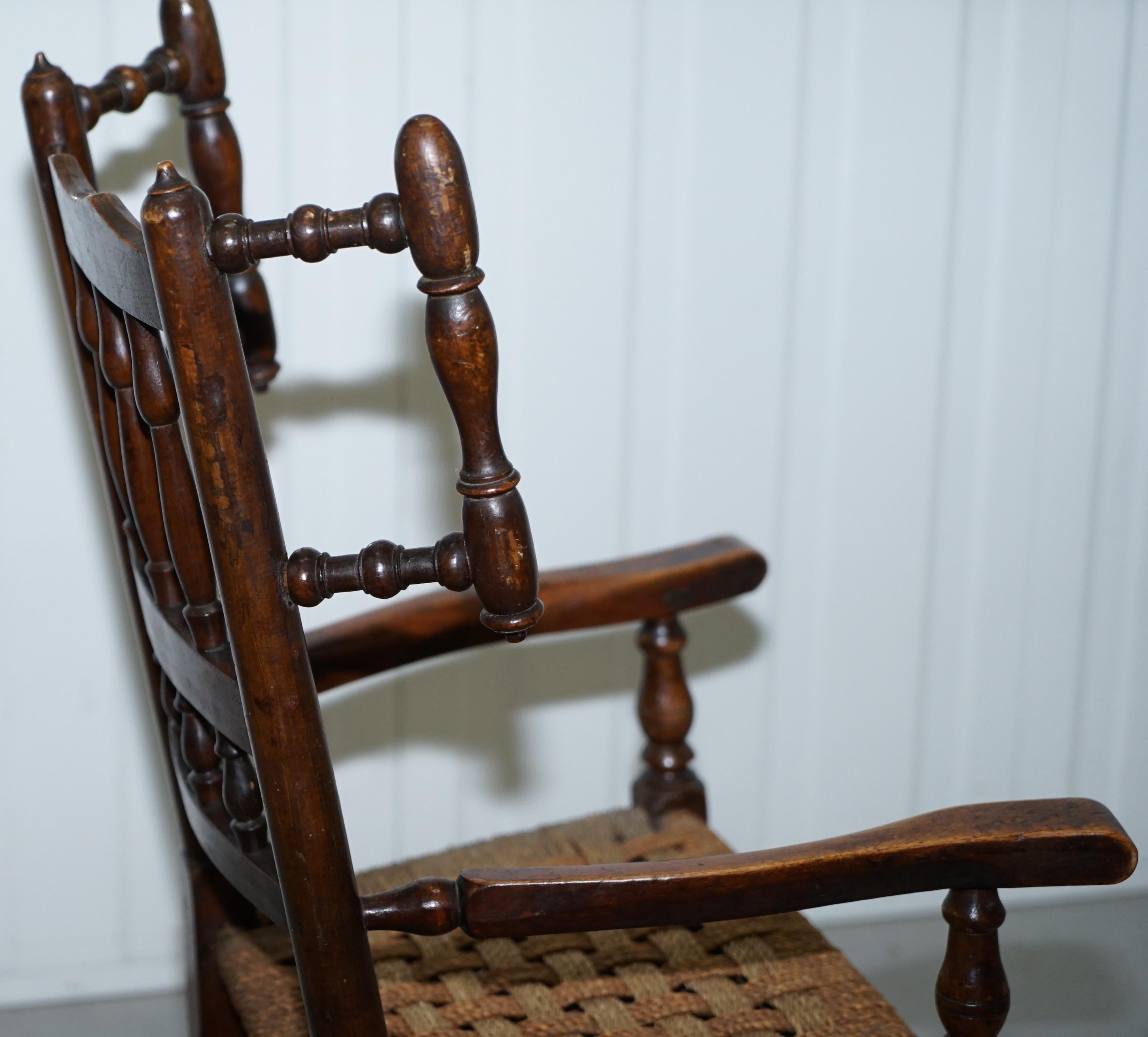 Rare Children's Small Antique Rope Seat Georgian Rocking Chair Solid Elm Display 9