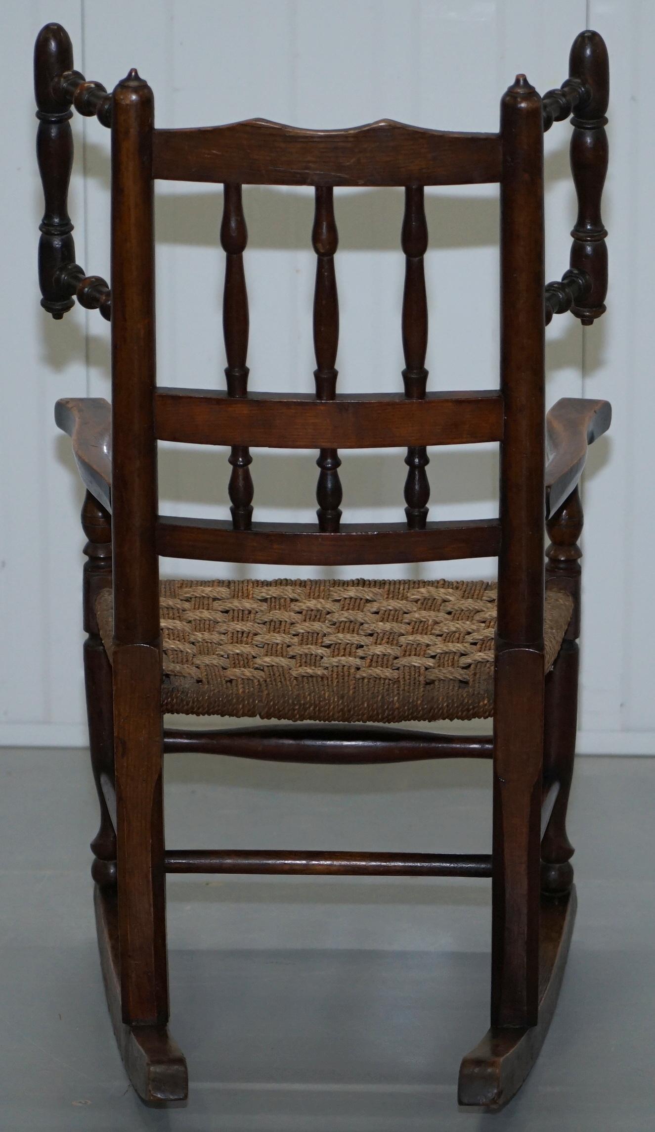 Rare Children's Small Antique Rope Seat Georgian Rocking Chair Solid Elm Display 9