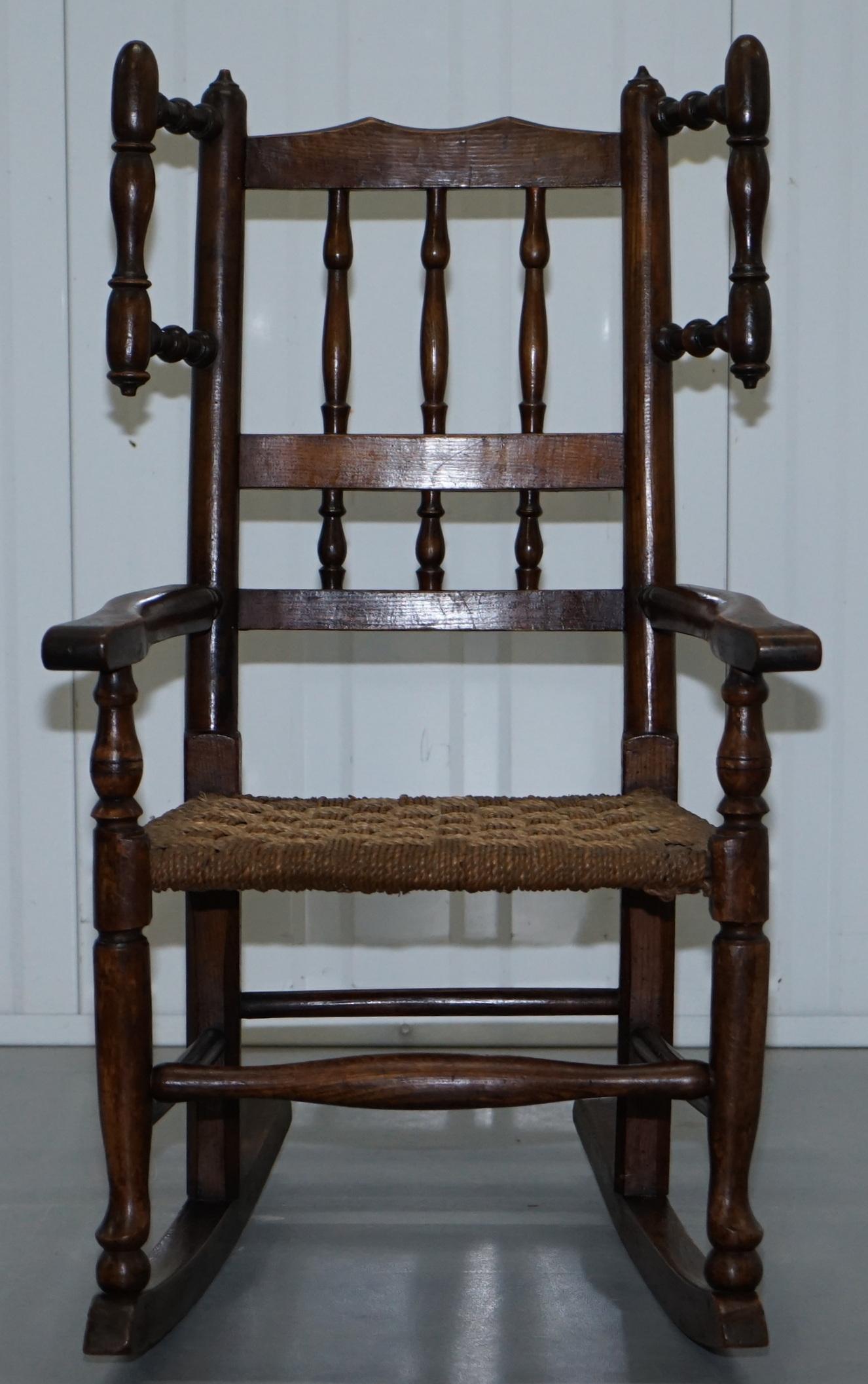 We are delighted to offer for sale this stunning original Georgian Children’s woven rope seat solid Elm rocking chair

A very good looking and well-made piece, this chair is in lightly restored fully functioning condition throughout, it’s a period