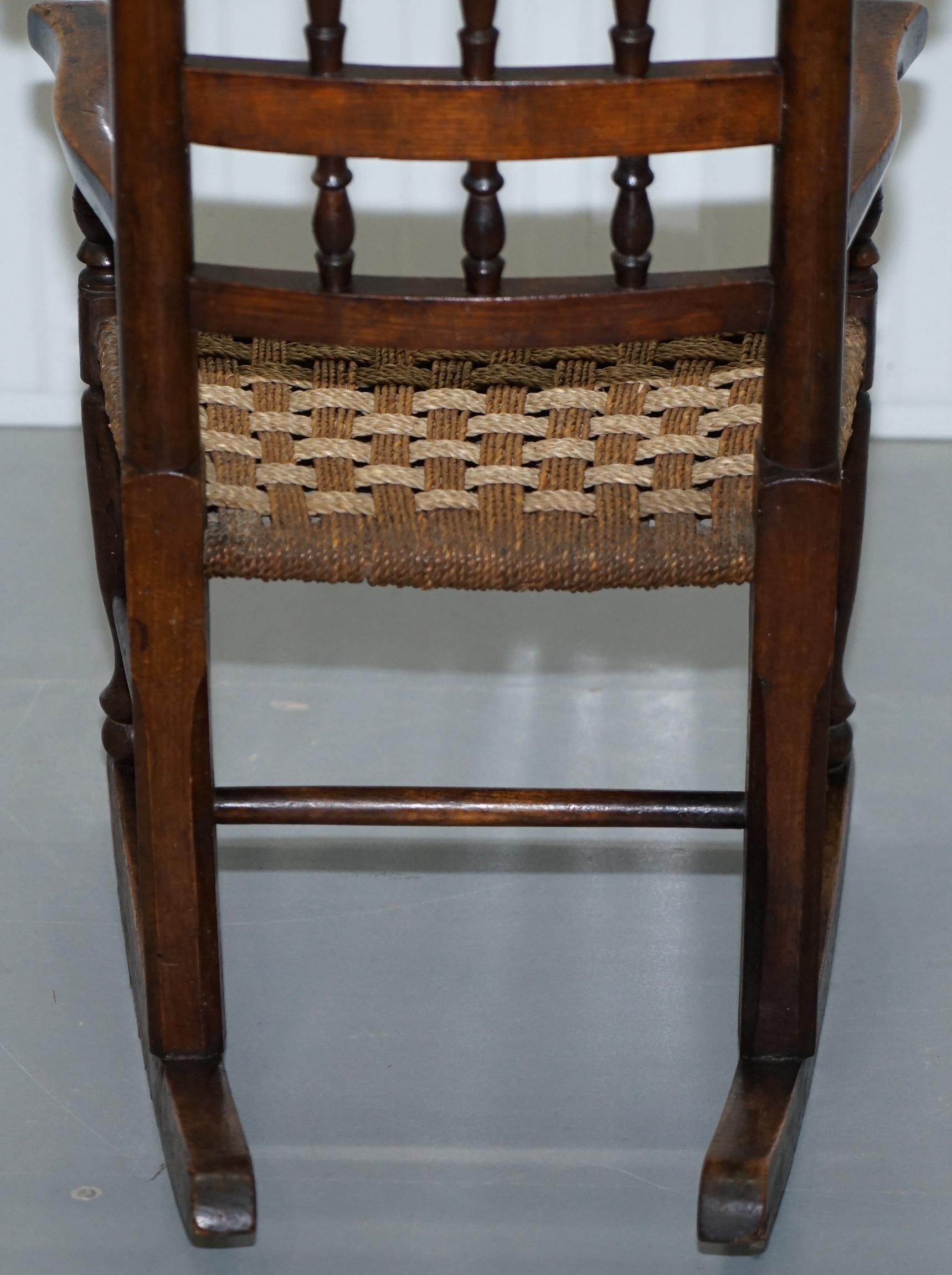 Rare Children's Small Antique Rope Seat Georgian Rocking Chair Solid Elm Display 12