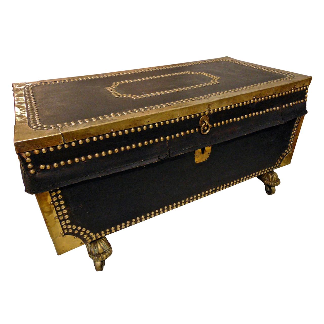 Rare Child's Camphor Wood Chest, Leather Bound and Brass Embellished For Sale