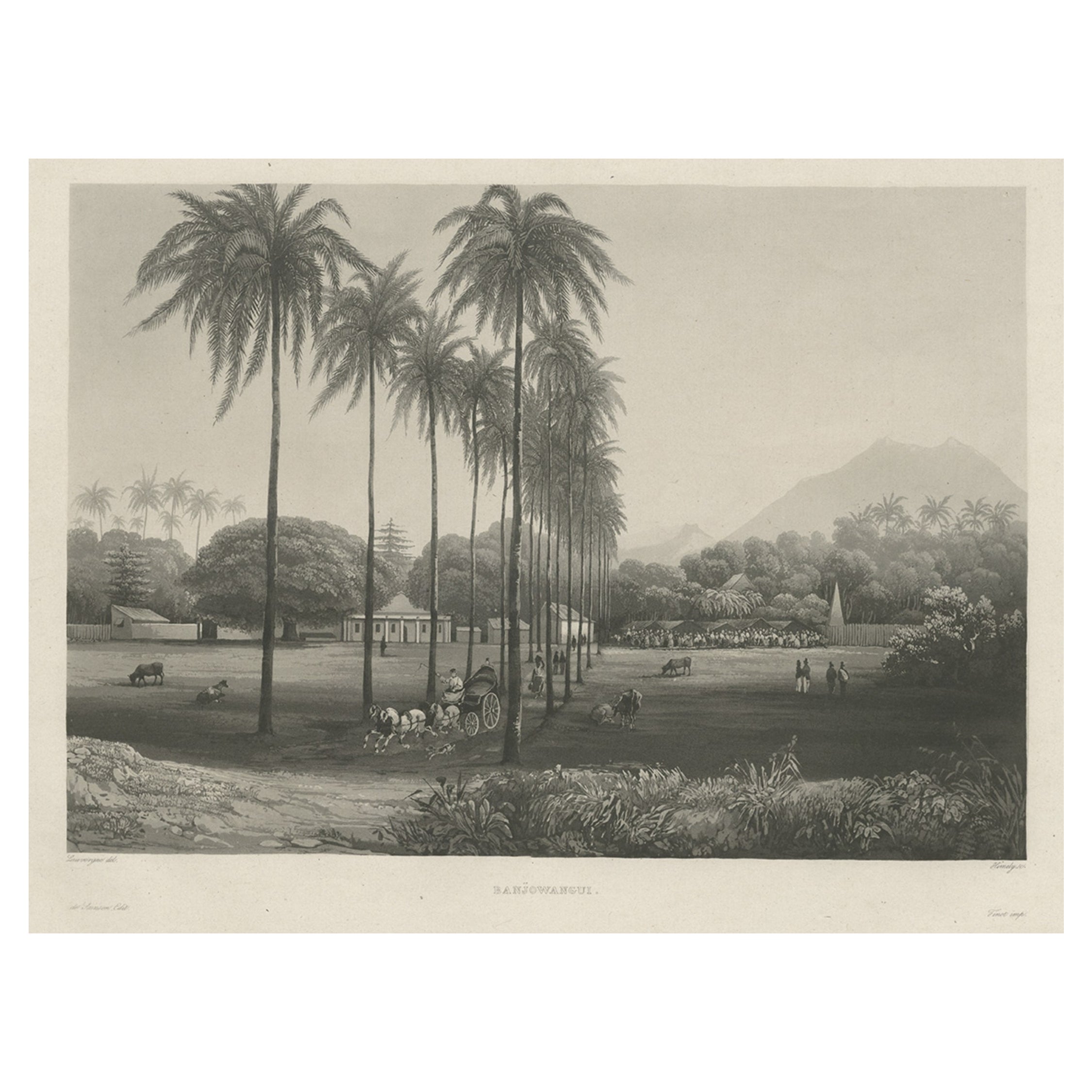 Raro aguatinta chine-collé de Banyuwangi, Java Oriental, Indonesia, 1835 en venta