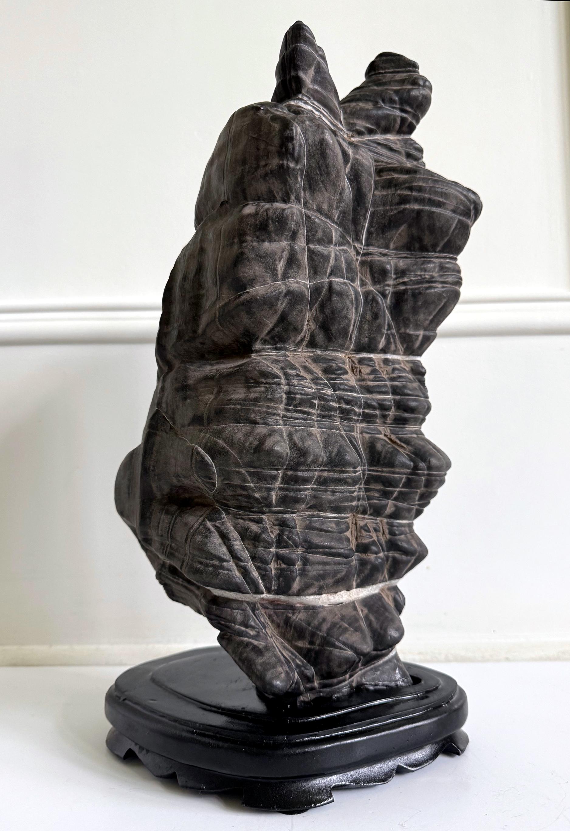 Rare Chinese Antique Black and White Lingbi Scholar Stone on Display Stand For Sale 5