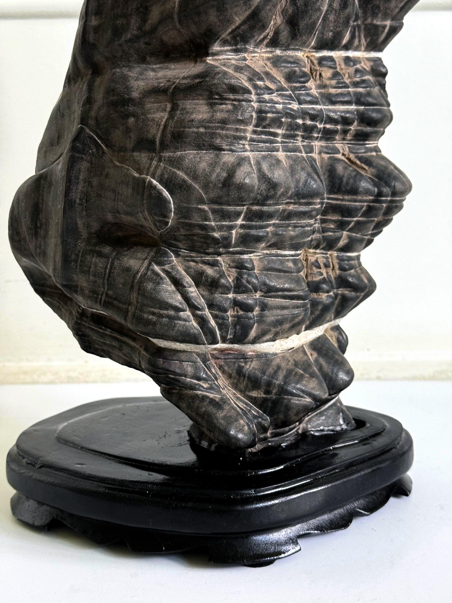 Rare Chinese Antique Black and White Lingbi Scholar Stone on Display Stand For Sale 7