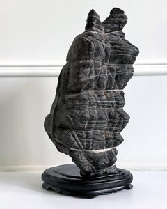 Rare Chinese Antique Black and White Lingbi Scholar Stone on Display Stand