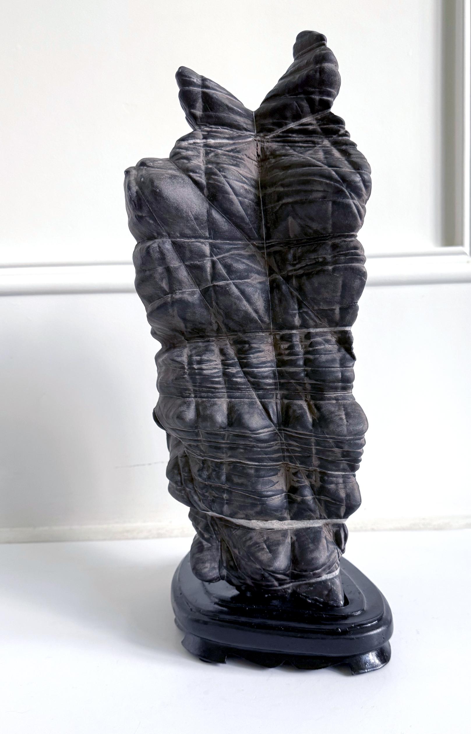 Qing Rare Chinese Antique Black and White Lingbi Scholar Stone on Display Stand For Sale