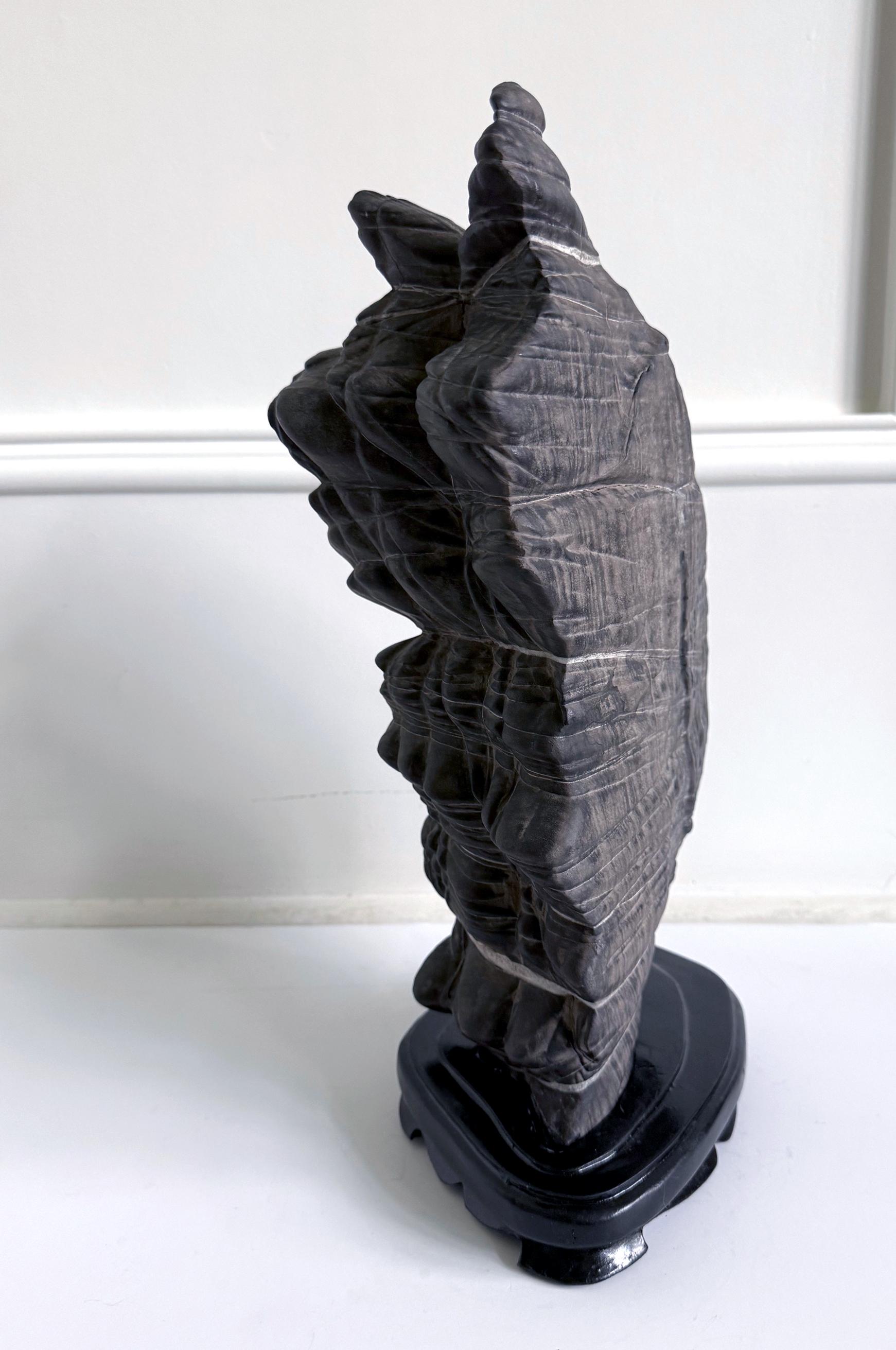 Rare Chinese Antique Black and White Lingbi Scholar Stone on Display Stand In Good Condition For Sale In Atlanta, GA