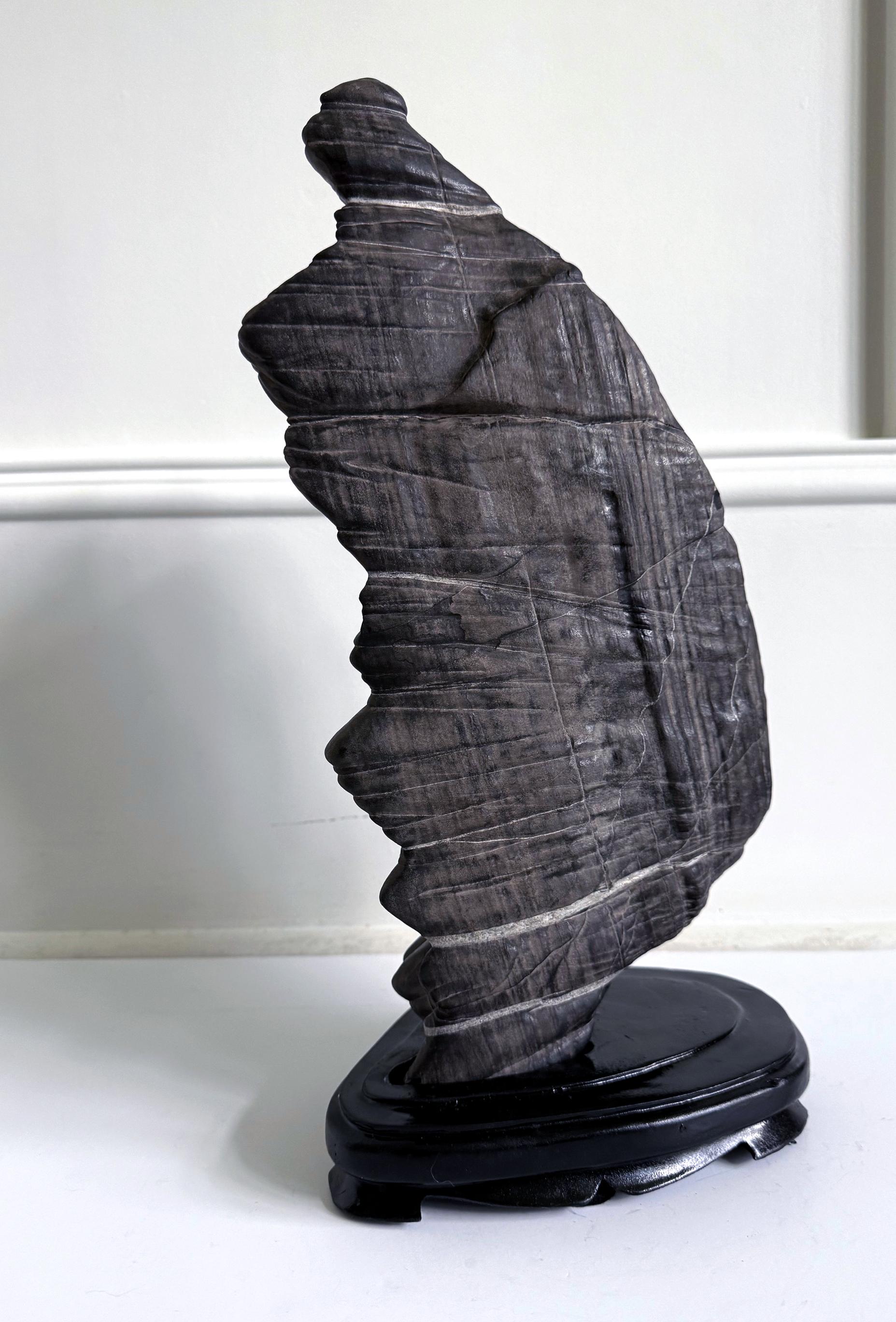 19th Century Rare Chinese Antique Black and White Lingbi Scholar Stone on Display Stand For Sale