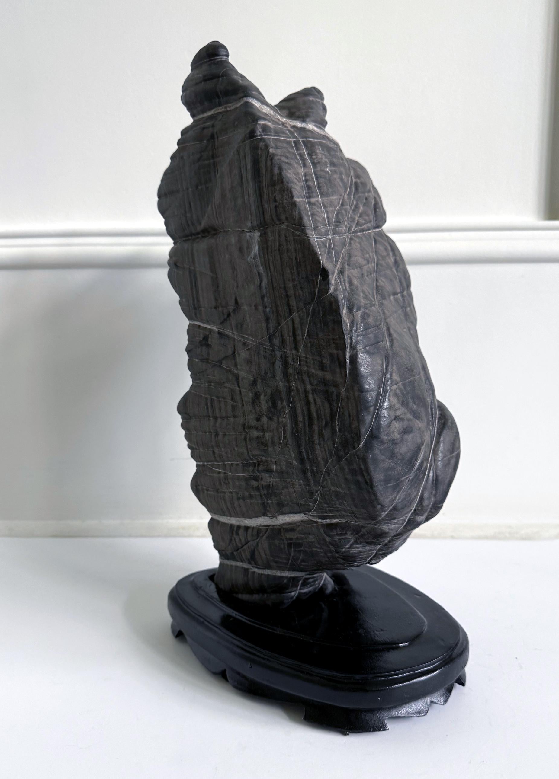 Rare Chinese Antique Black and White Lingbi Scholar Stone on Display Stand For Sale 1