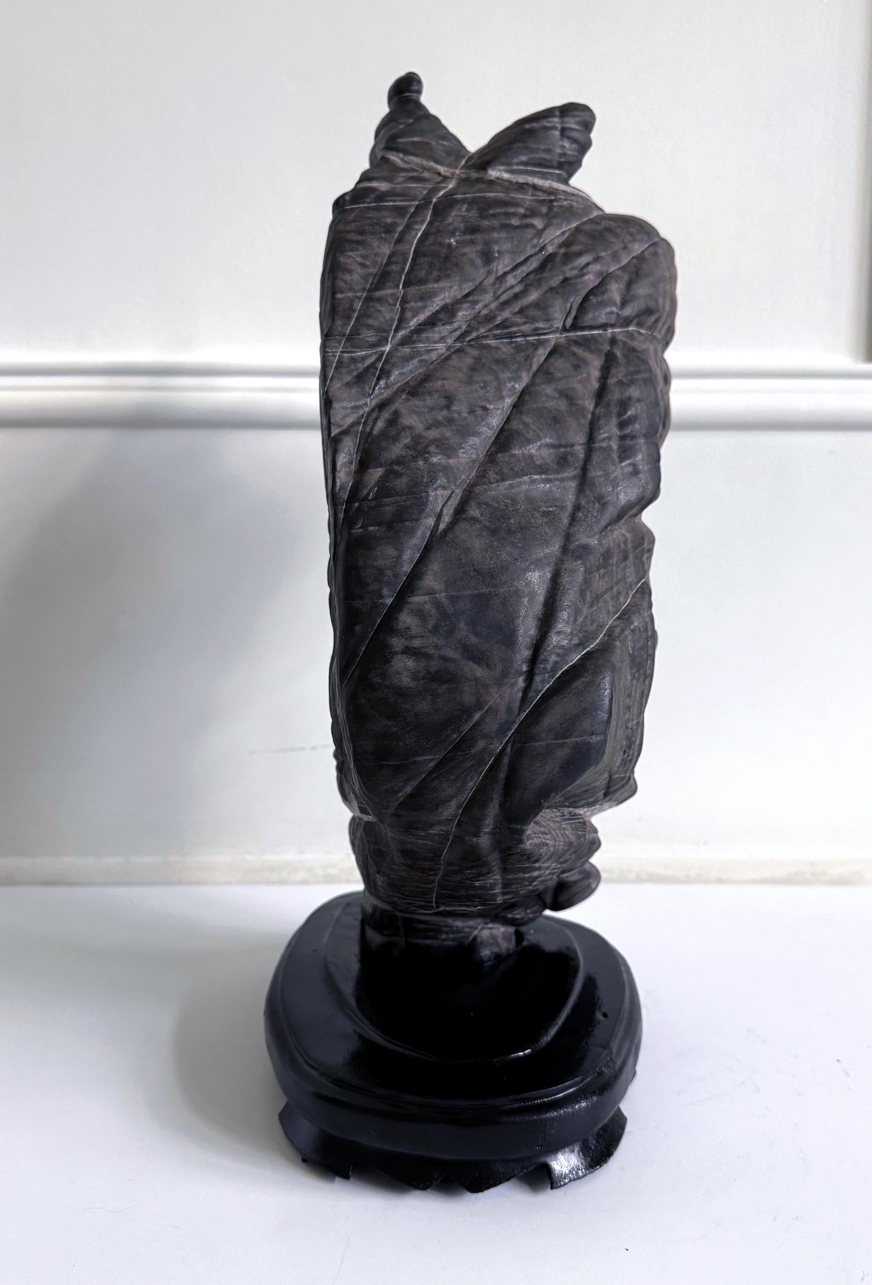 Rare Chinese Antique Black and White Lingbi Scholar Stone on Display Stand For Sale 2