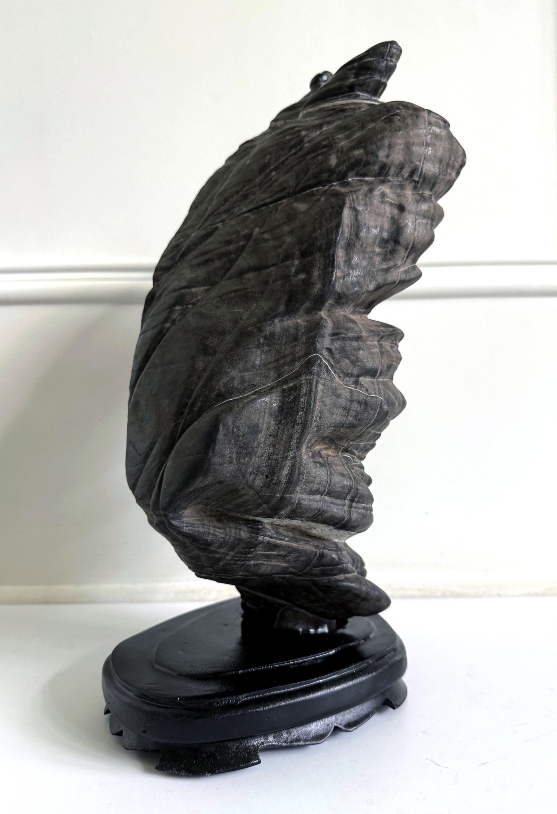 Rare Chinese Antique Black and White Lingbi Scholar Stone on Display Stand For Sale 3