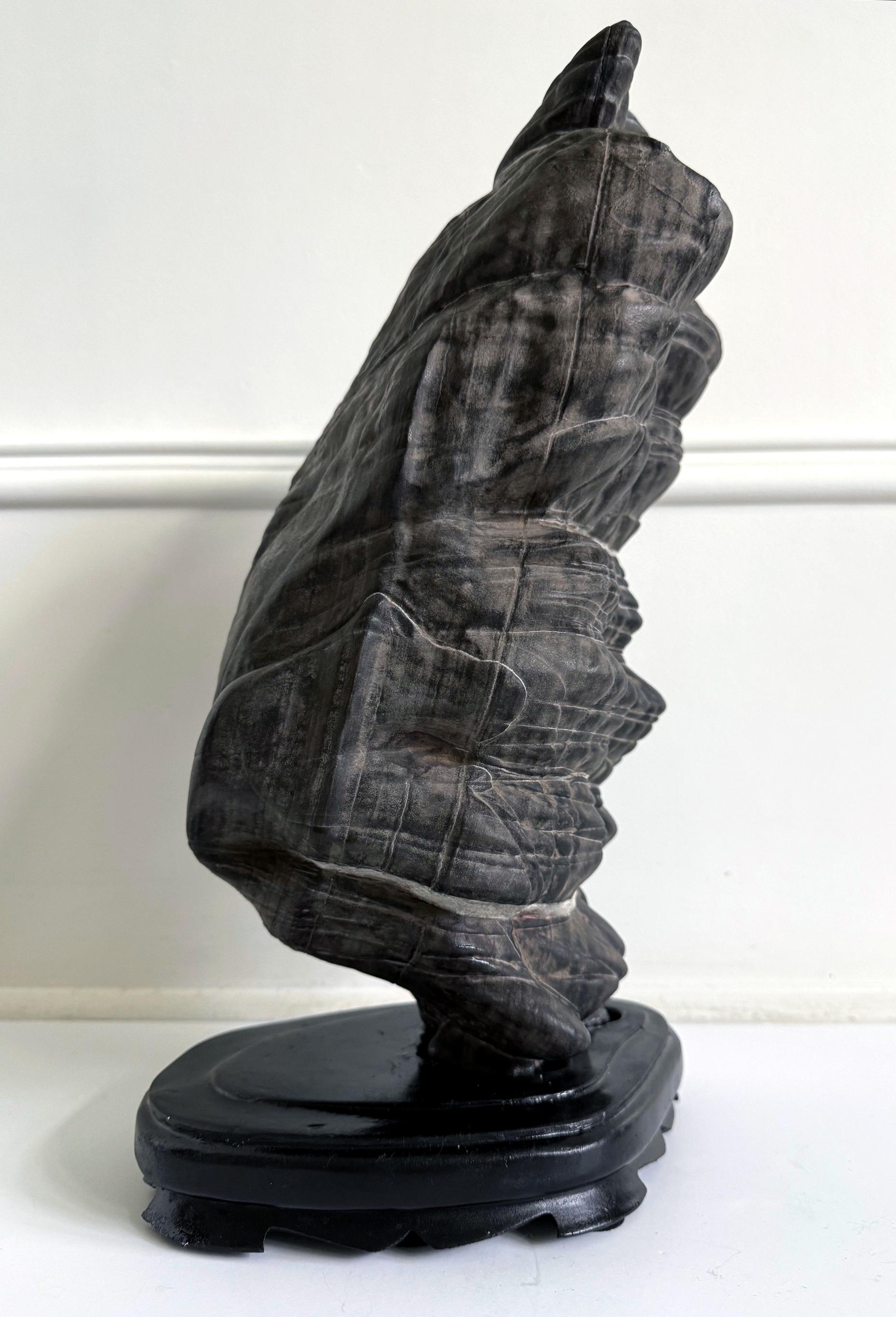 Rare Chinese Antique Black and White Lingbi Scholar Stone on Display Stand For Sale 4