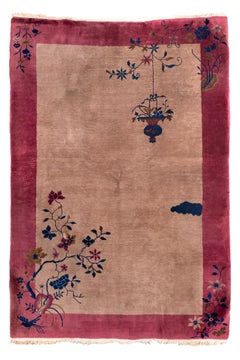 Rare Chinese Art Deco Rug with Hanging Floral Basket