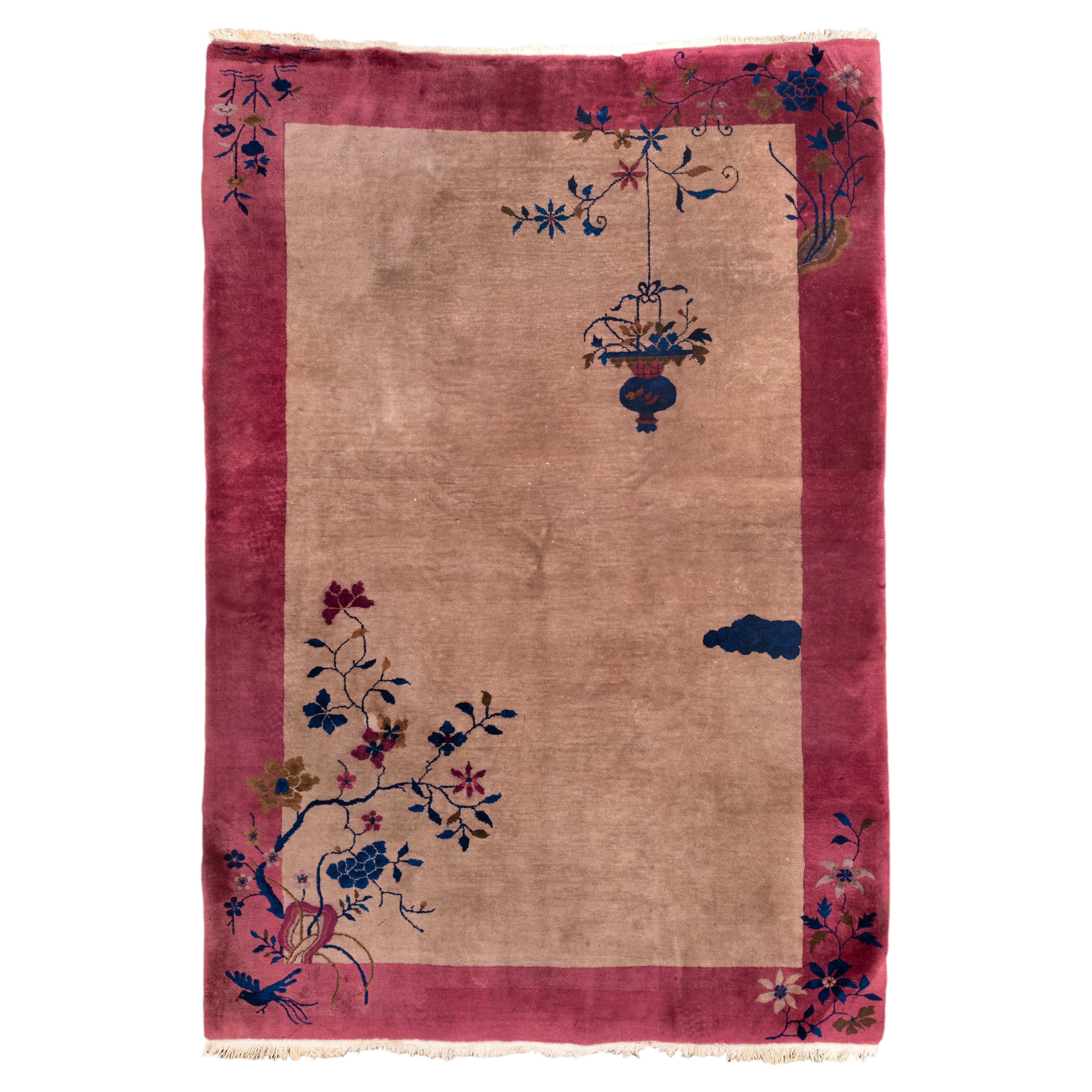 Rare Chinese Art Deco Rug with Hanging Floral Basket For Sale