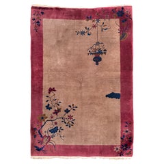 Rare Chinese Art Deco Rug with Hanging Floral Basket