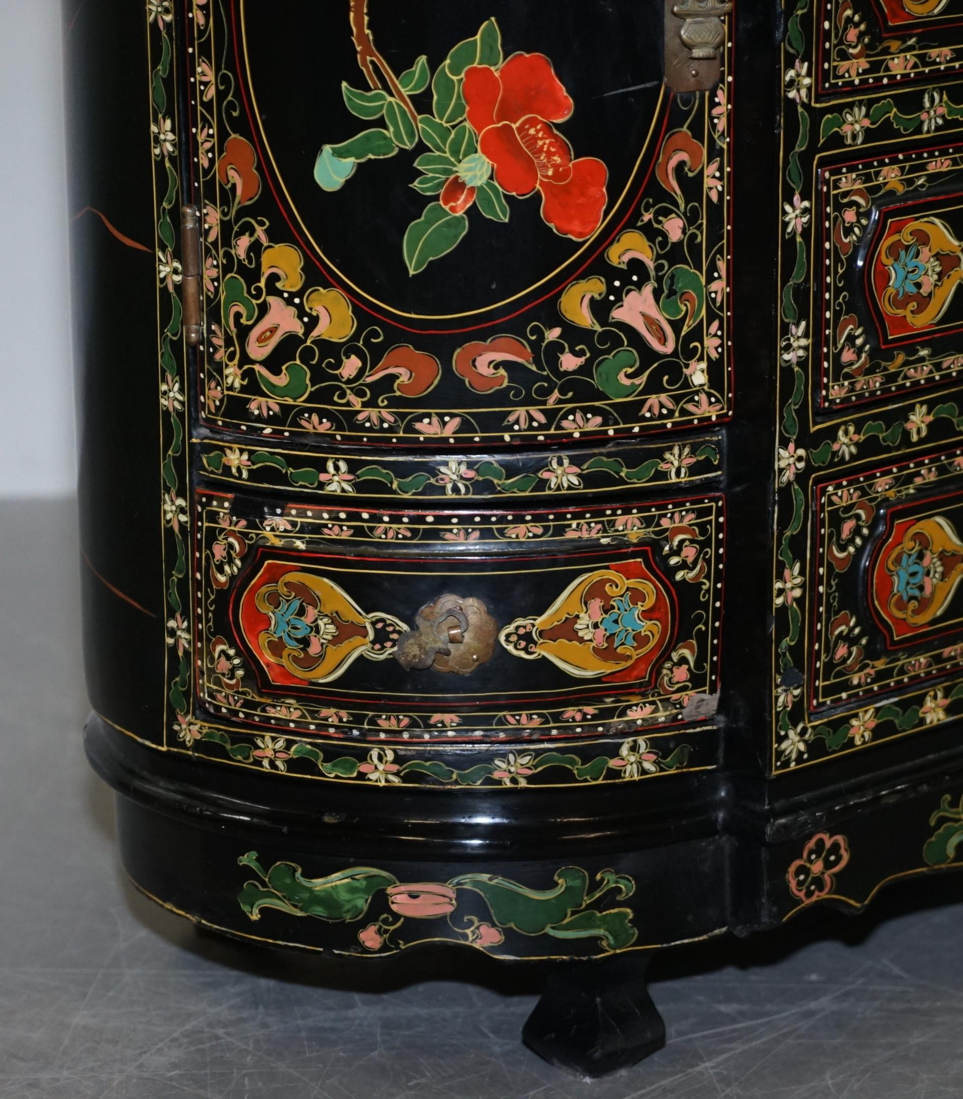 Rare Chinese Black Lacquer Hand Painted Chinoiserie Side Table Drawers Cupboard 6