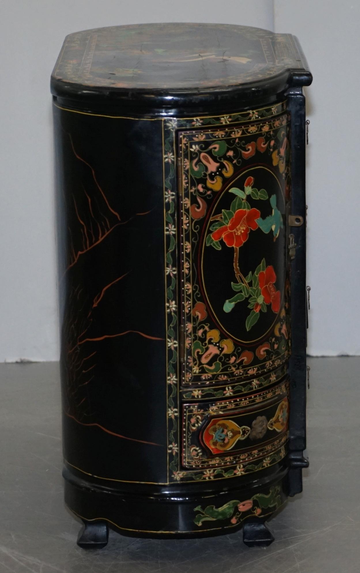 Rare Chinese Black Lacquer Hand Painted Chinoiserie Side Table Drawers Cupboard 7