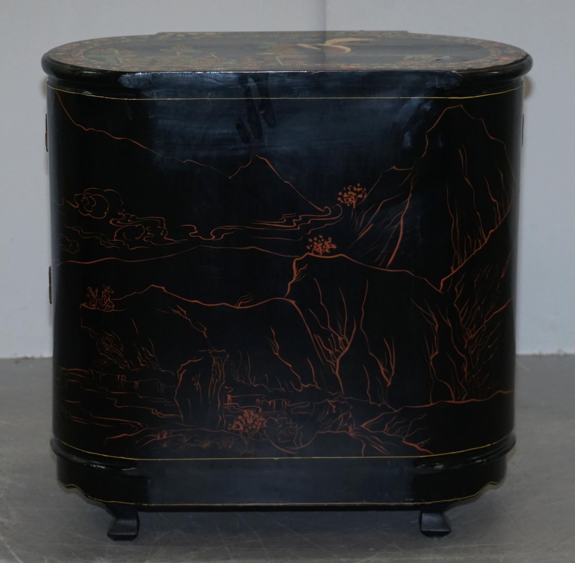 Rare Chinese Black Lacquer Hand Painted Chinoiserie Side Table Drawers Cupboard 8
