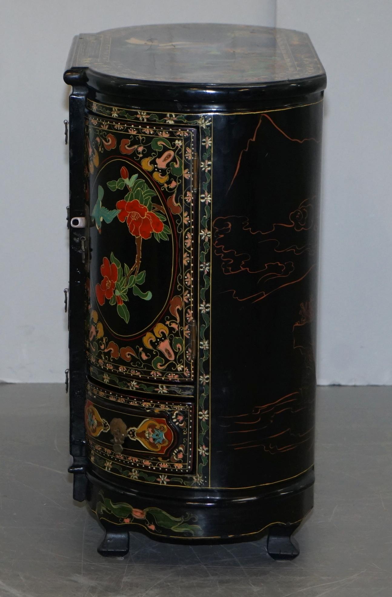 Rare Chinese Black Lacquer Hand Painted Chinoiserie Side Table Drawers Cupboard 9