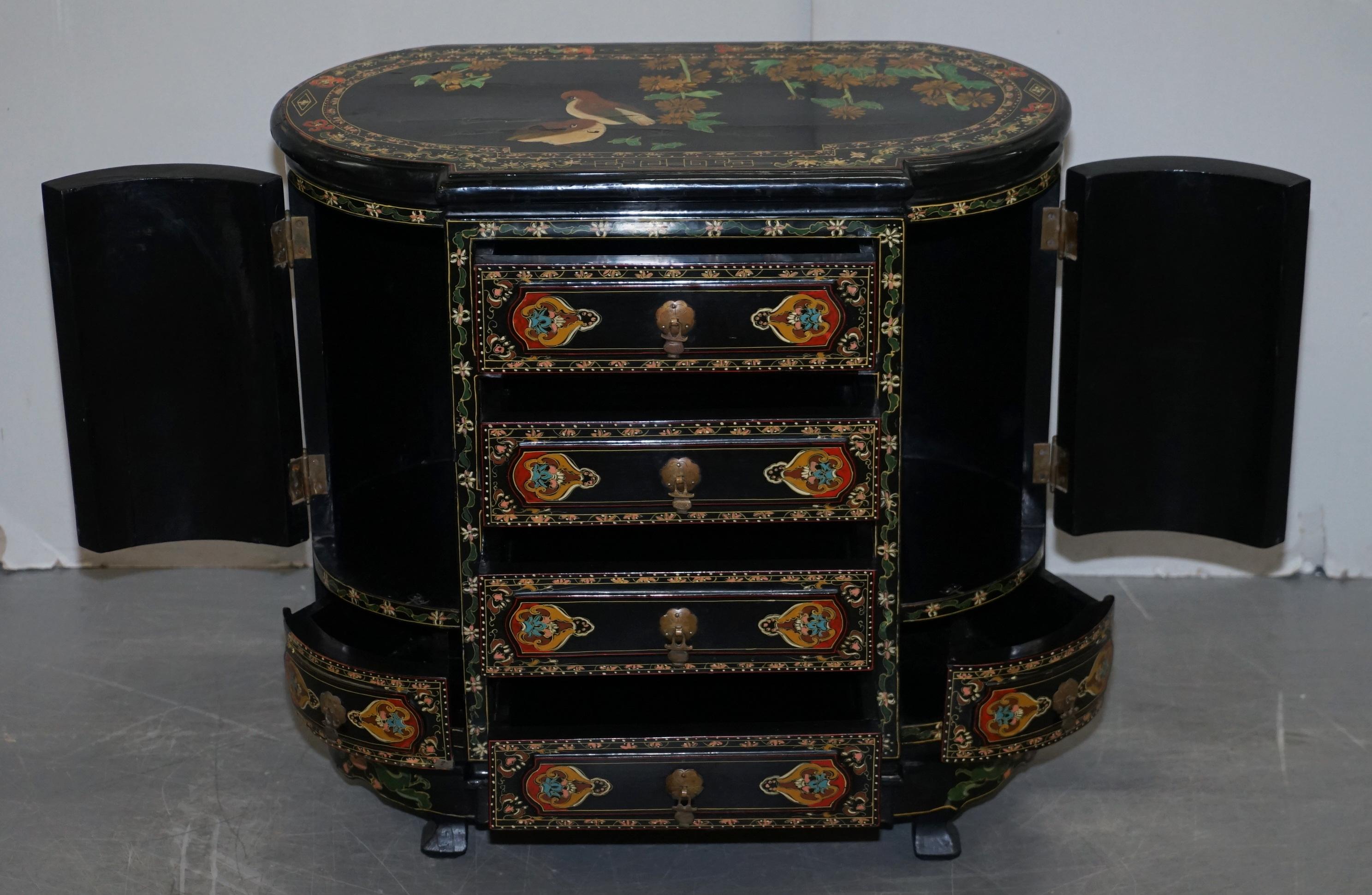 Rare Chinese Black Lacquer Hand Painted Chinoiserie Side Table Drawers Cupboard 10
