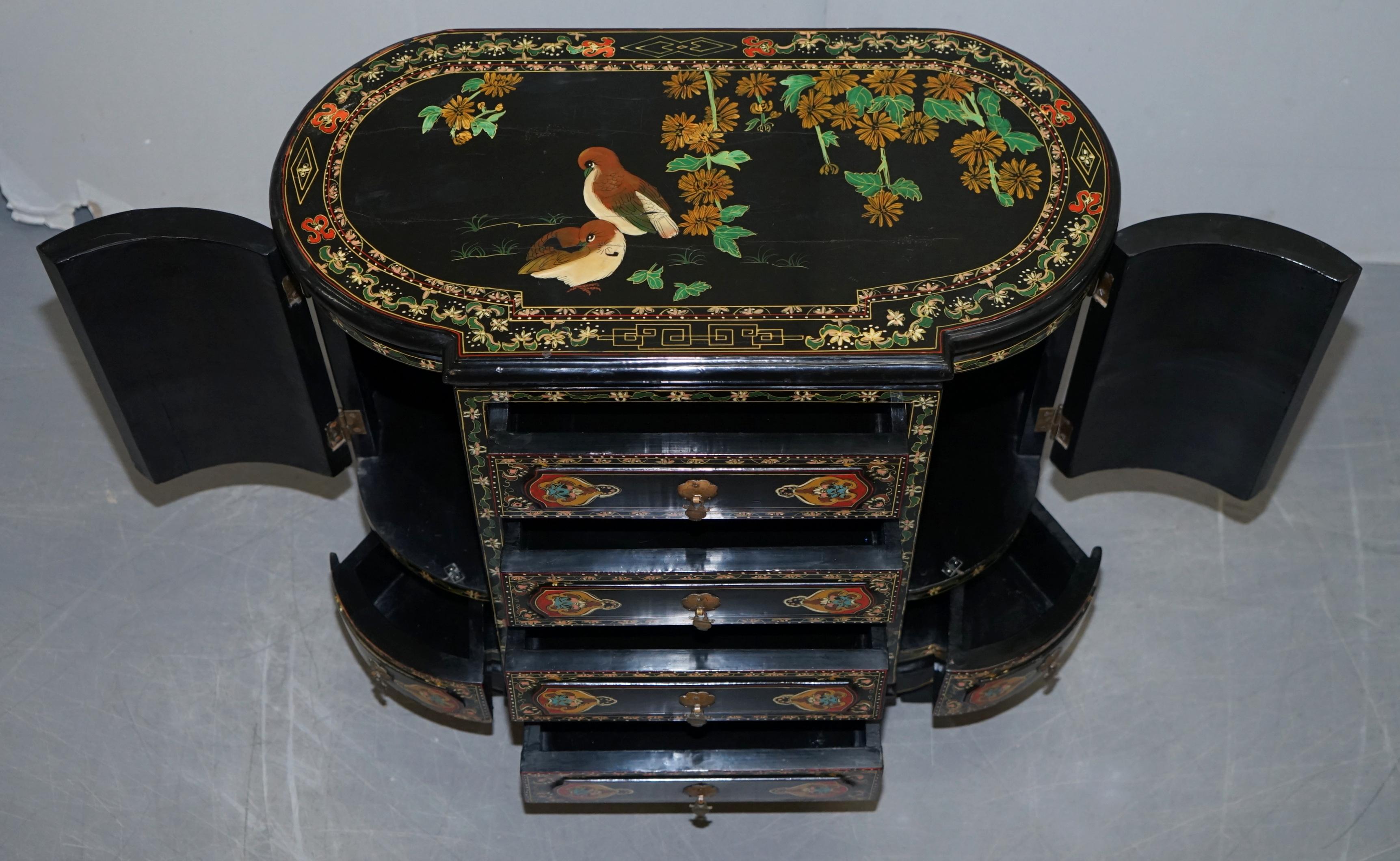 Rare Chinese Black Lacquer Hand Painted Chinoiserie Side Table Drawers Cupboard 11