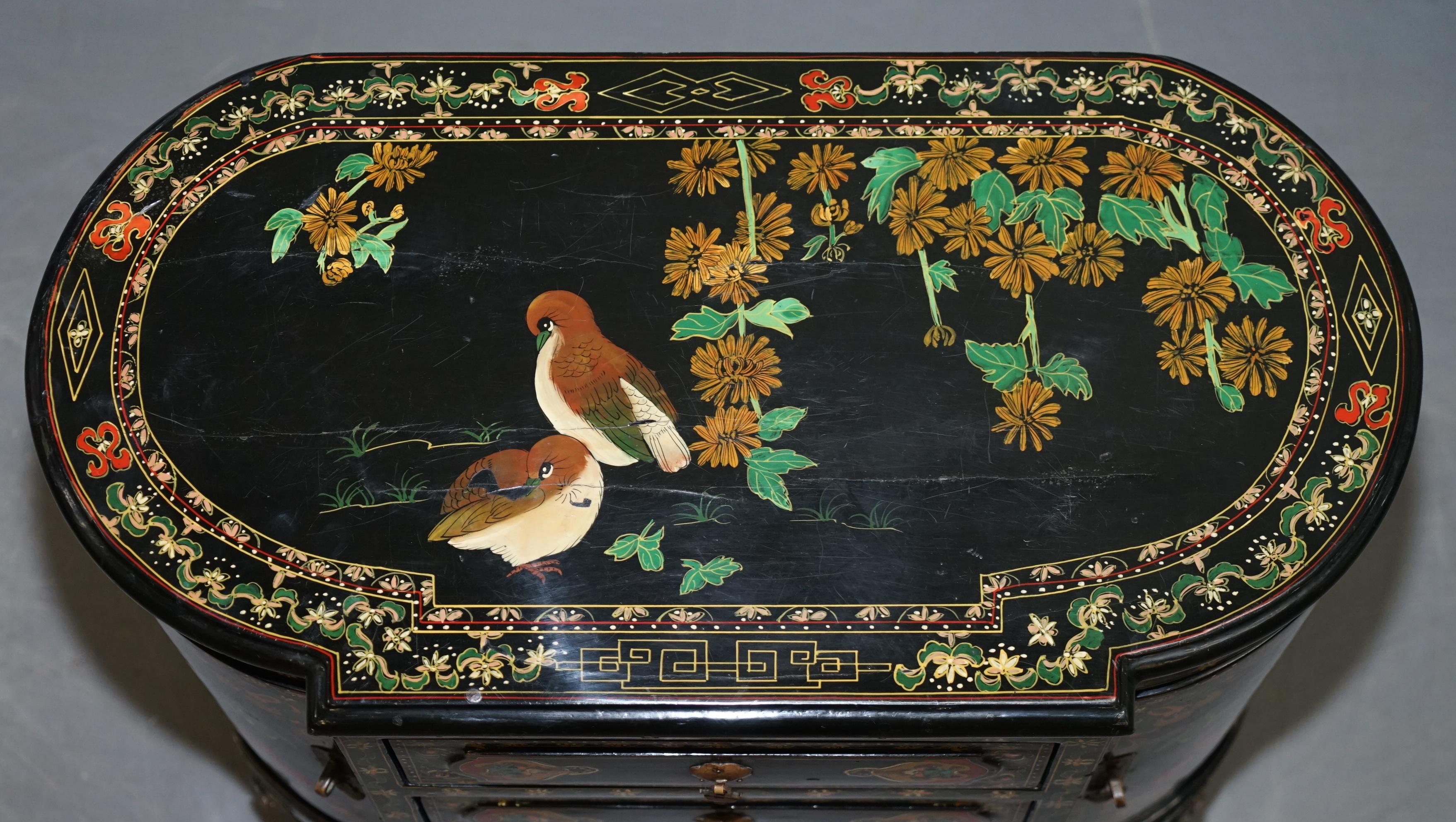 20th Century Rare Chinese Black Lacquer Hand Painted Chinoiserie Side Table Drawers Cupboard