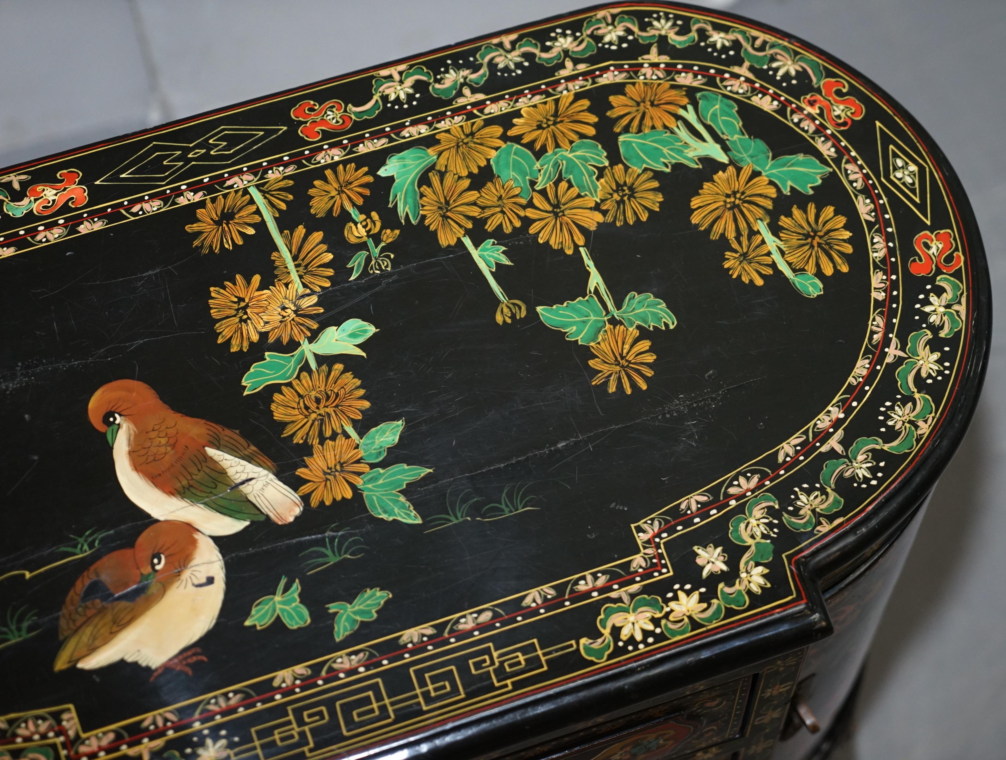 Rare Chinese Black Lacquer Hand Painted Chinoiserie Side Table Drawers Cupboard 1