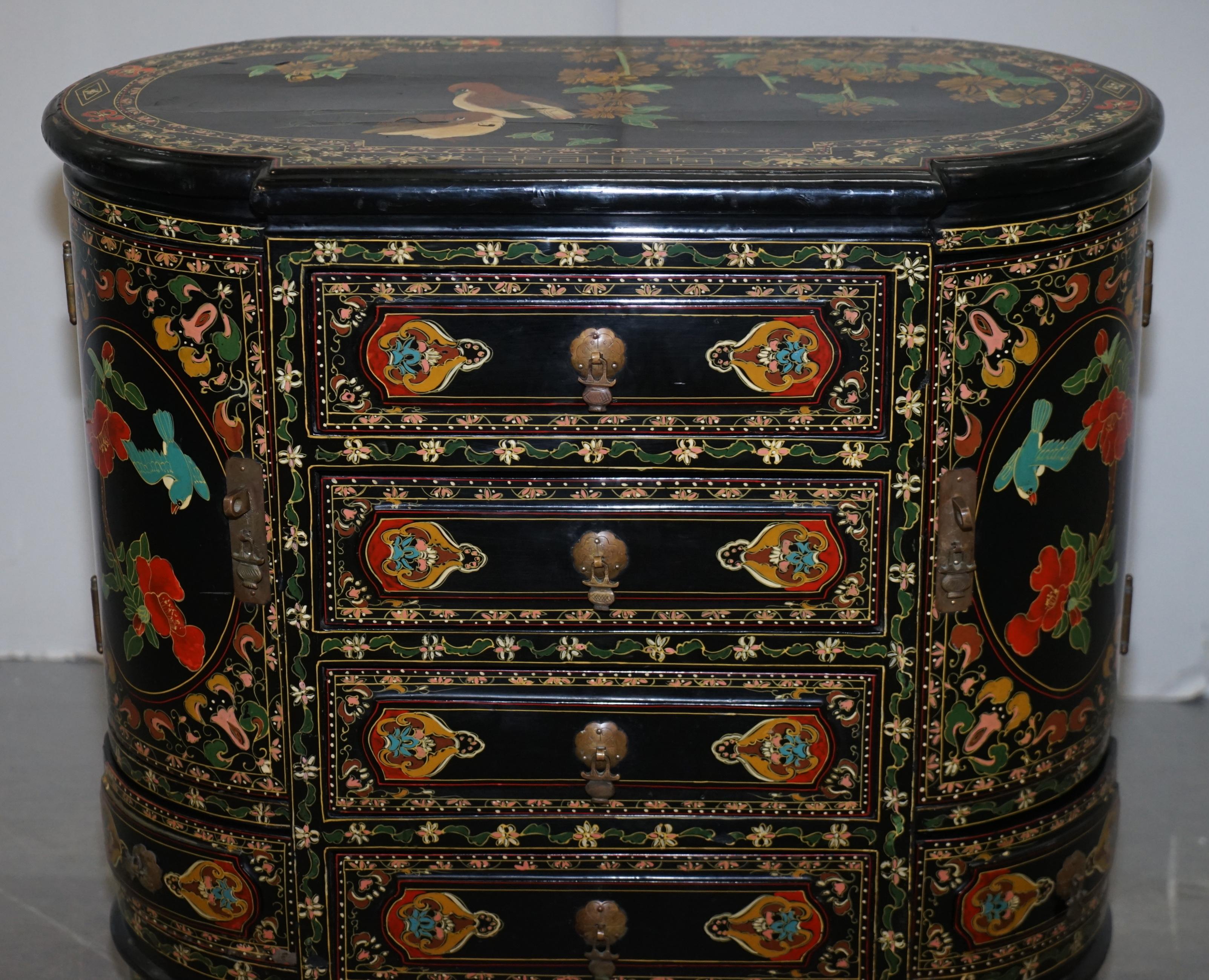 Rare Chinese Black Lacquer Hand Painted Chinoiserie Side Table Drawers Cupboard 2