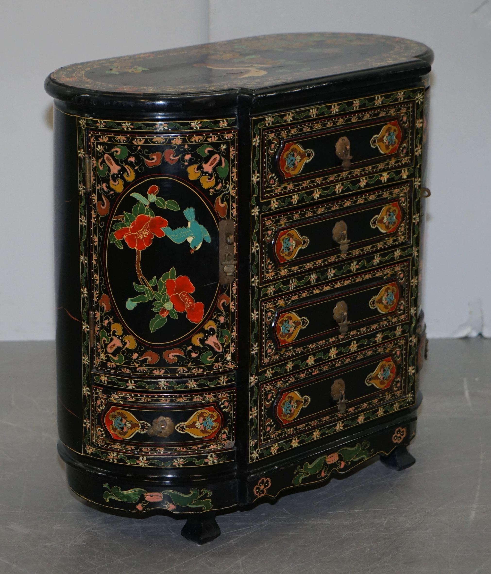 Rare Chinese Black Lacquer Hand Painted Chinoiserie Side Table Drawers Cupboard 4
