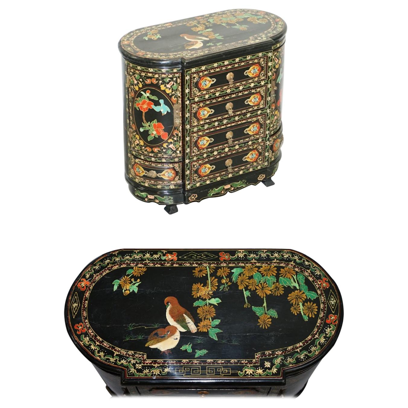 Rare Chinese Black Lacquer Hand Painted Chinoiserie Side Table Drawers Cupboard