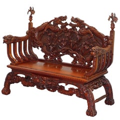 Rare Chinese Export Hand Carved Dragon Bench Chair Solid Teak Redwood circa 1890