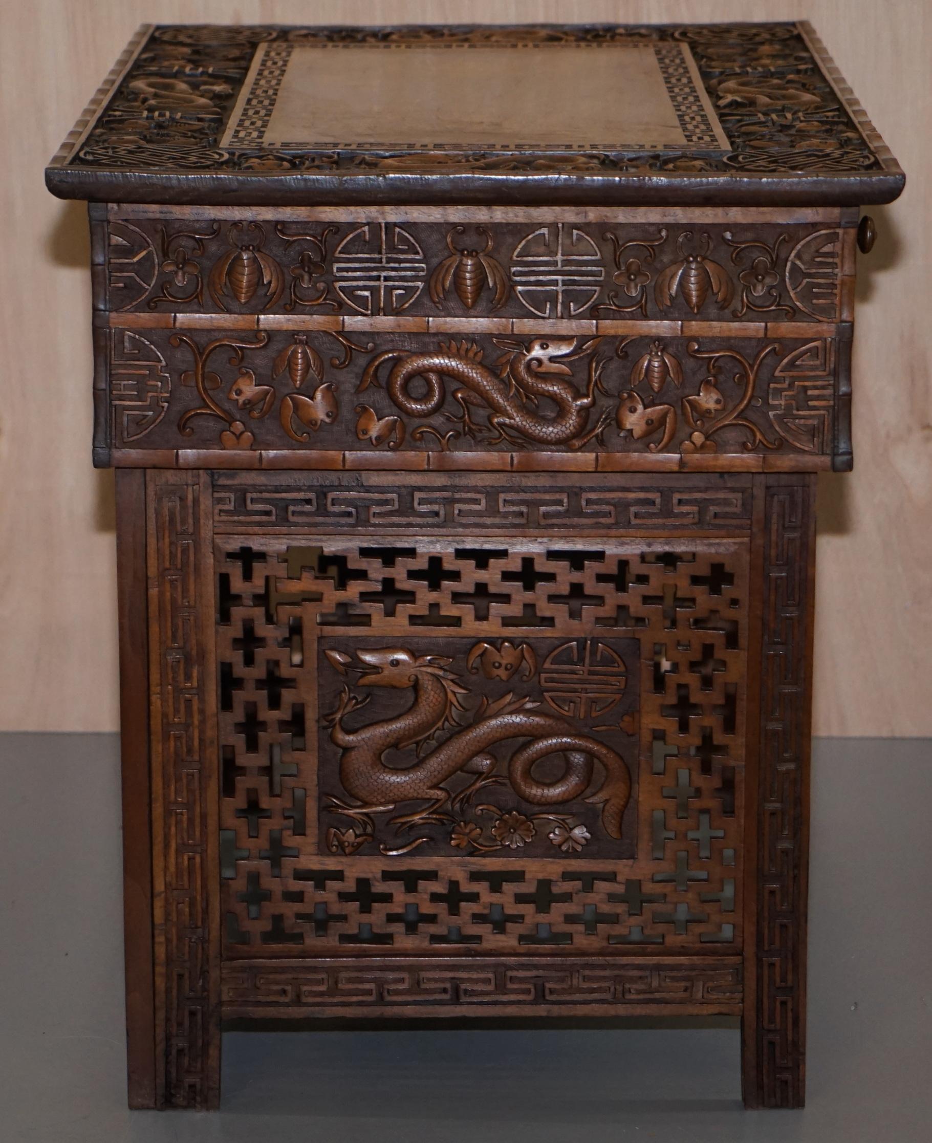 Rare Chinese Export Dragon Carved Small Folding Campaign Desk & Chair Set Childs 1