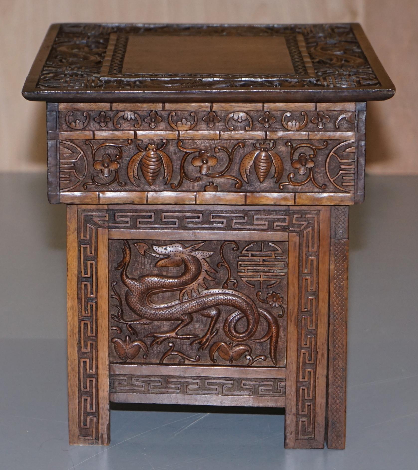 Rare Chinese Export Dragon Carved Small Folding Campaign Desk & Chair Set Childs 9