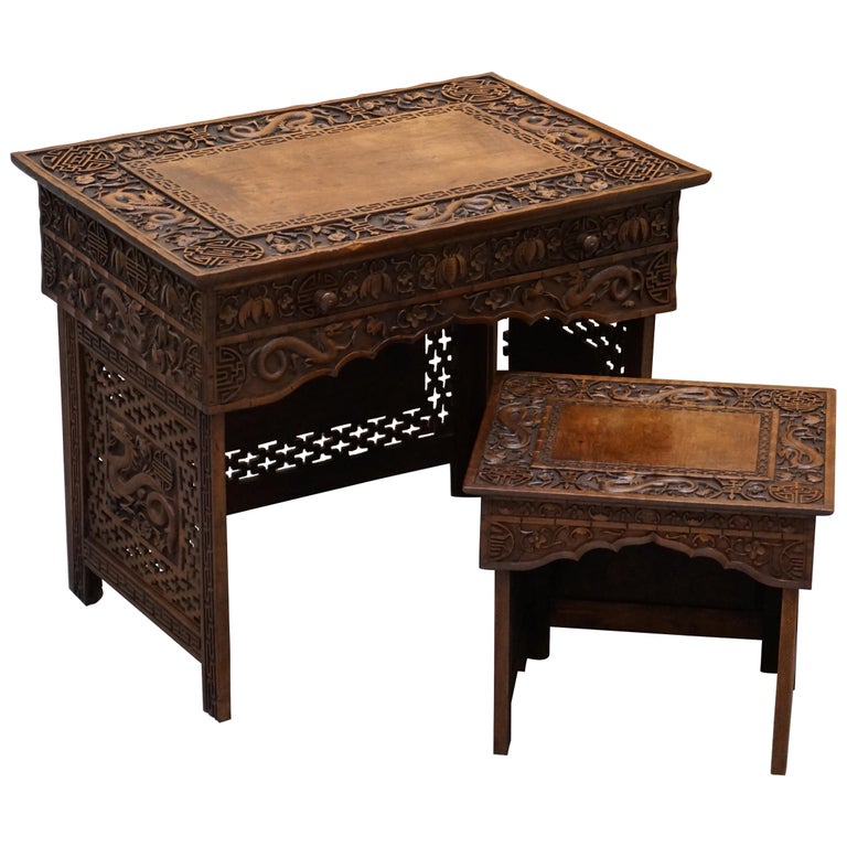Rare Chinese Export Dragon Carved Small Folding Campaign Desk And