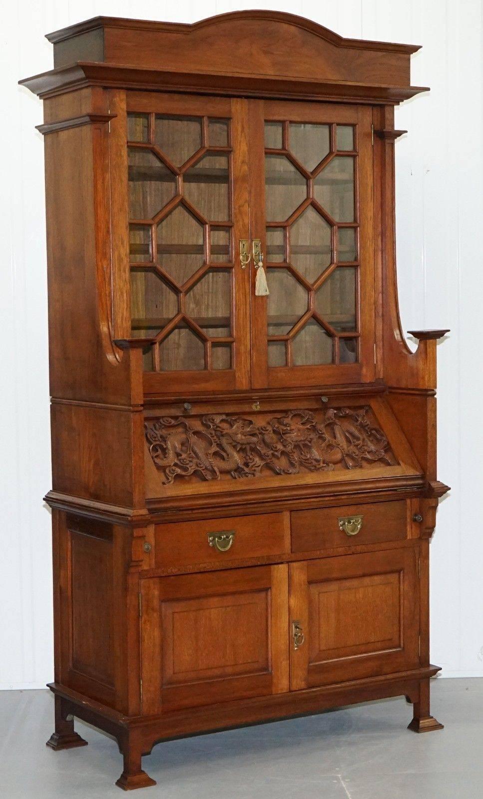 19th Century Rare Chinese Export Hand-Carved Dragon Bureau Bookcase Cabinet Solid Oak