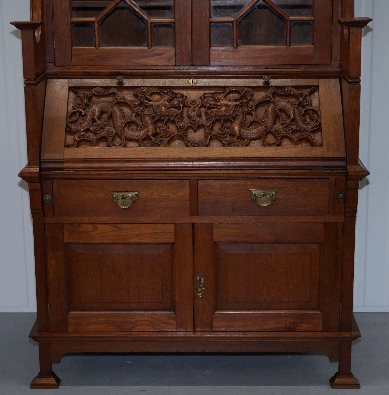 Glass Rare Chinese Export Hand-Carved Dragon Bureau Bookcase Cabinet Solid Oak