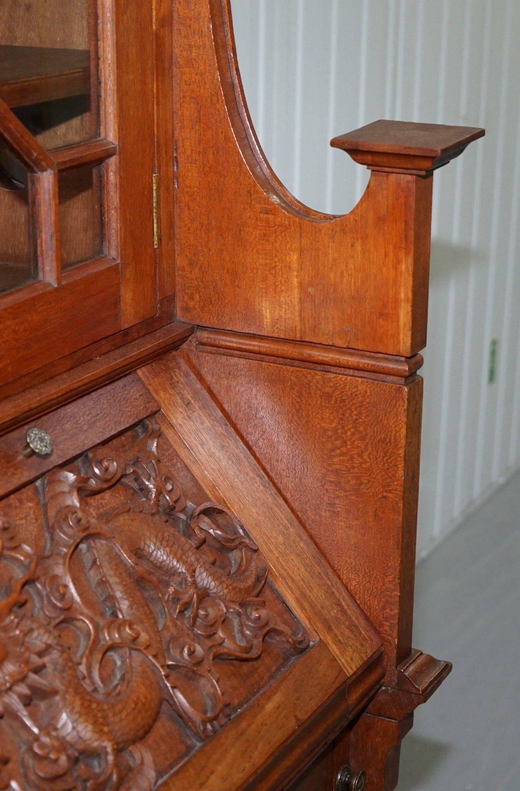 Rare Chinese Export Hand-Carved Dragon Bureau Bookcase Cabinet Solid Oak 1