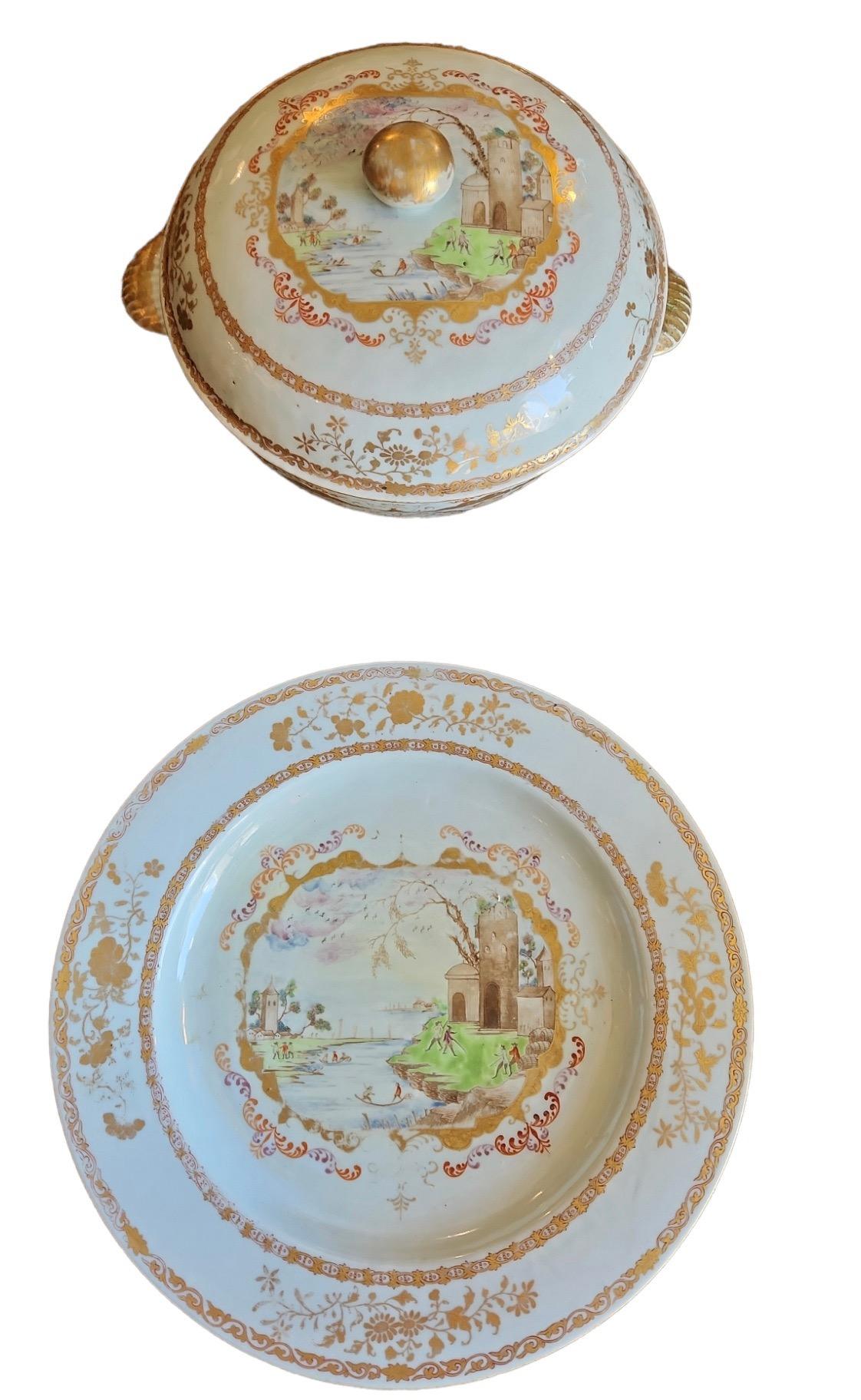 In the style of Meissen. Quinlong period. 1750. Stand and tureen base with minor restorations. European-inspired scenes. Platter diameter is 14