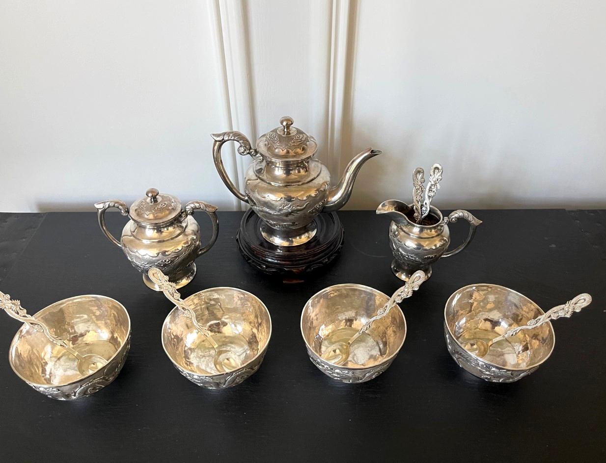 Rare Chinese Export Sterling Silver Tea Set with Dragon Design Tianjing Wuhua In Good Condition For Sale In Atlanta, GA