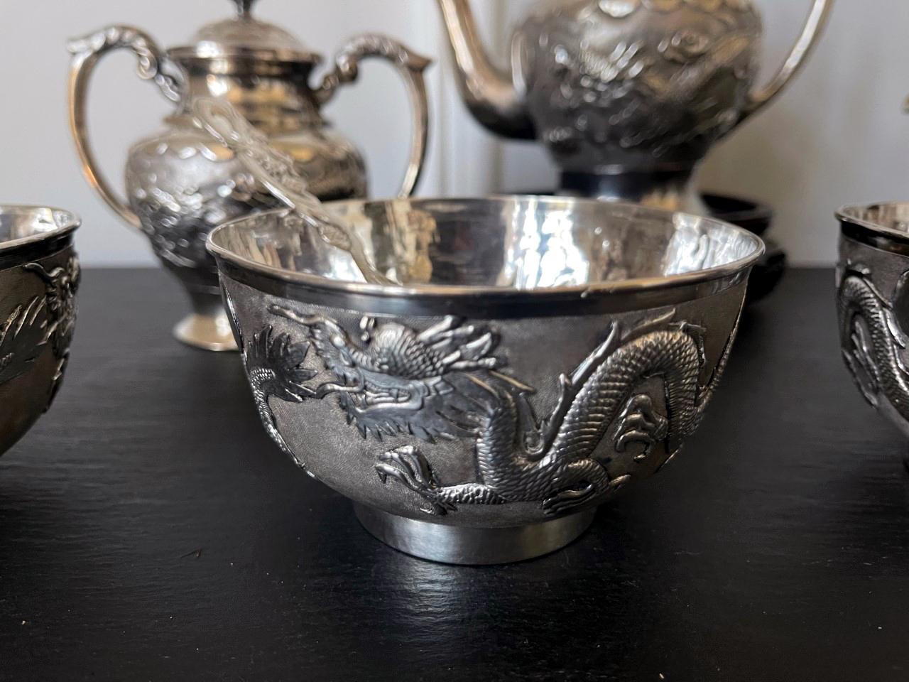 Rare Chinese Export Sterling Silver Tea Set with Dragon Design Tianjing Wuhua For Sale 4